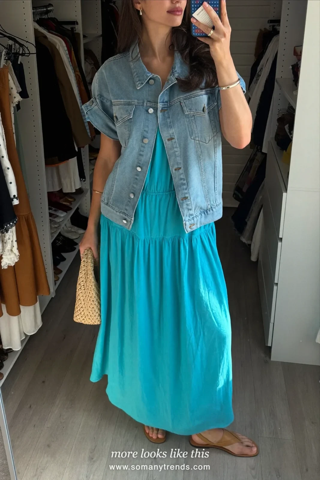 Look 28: aquamarine maxi dress, light denim jacket and tan flat sandals, mirror selfie at home