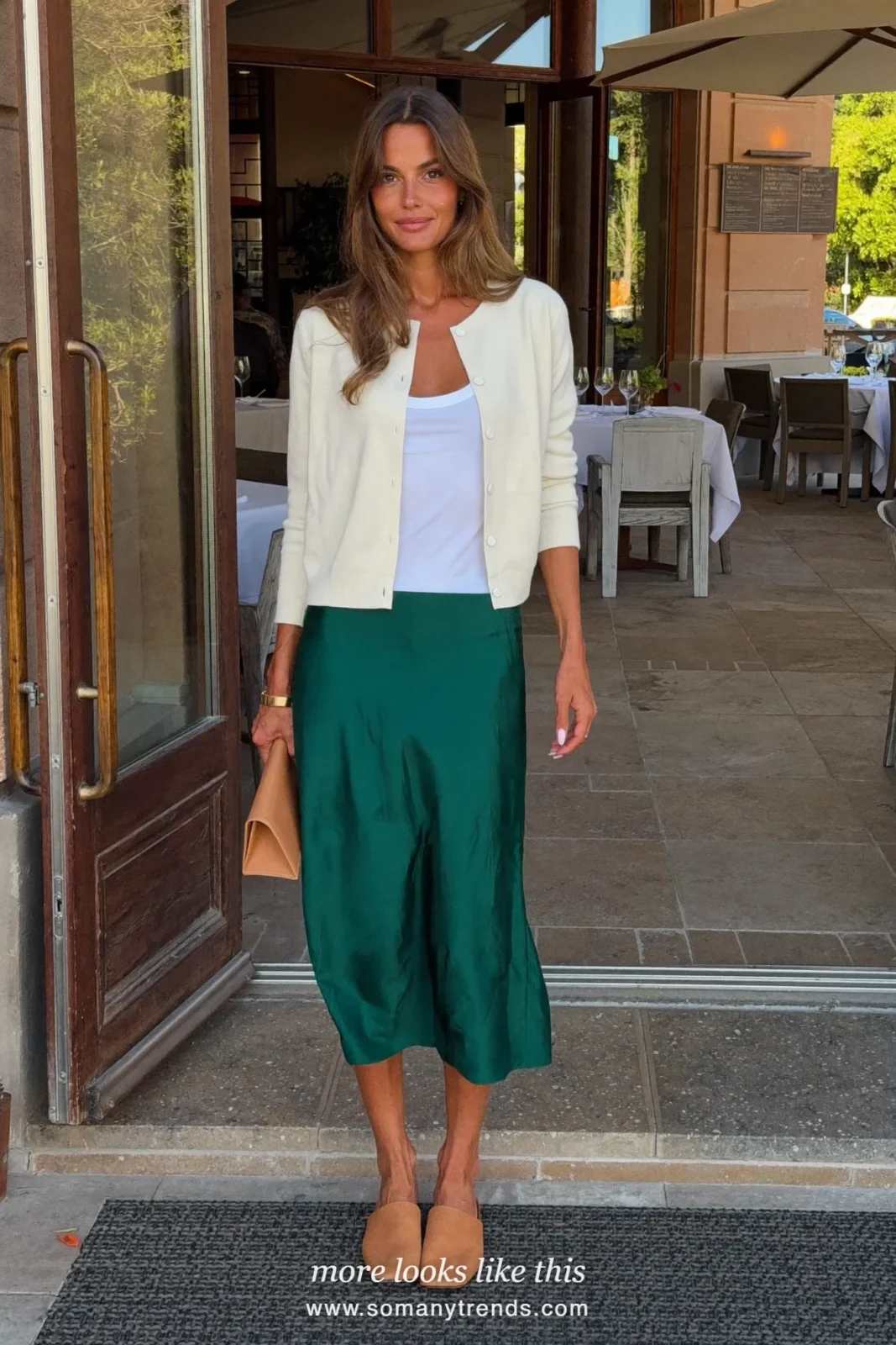Look 29: ivory fine knit cardigan, white tank, forest green slip midi skirt and tan flat mules