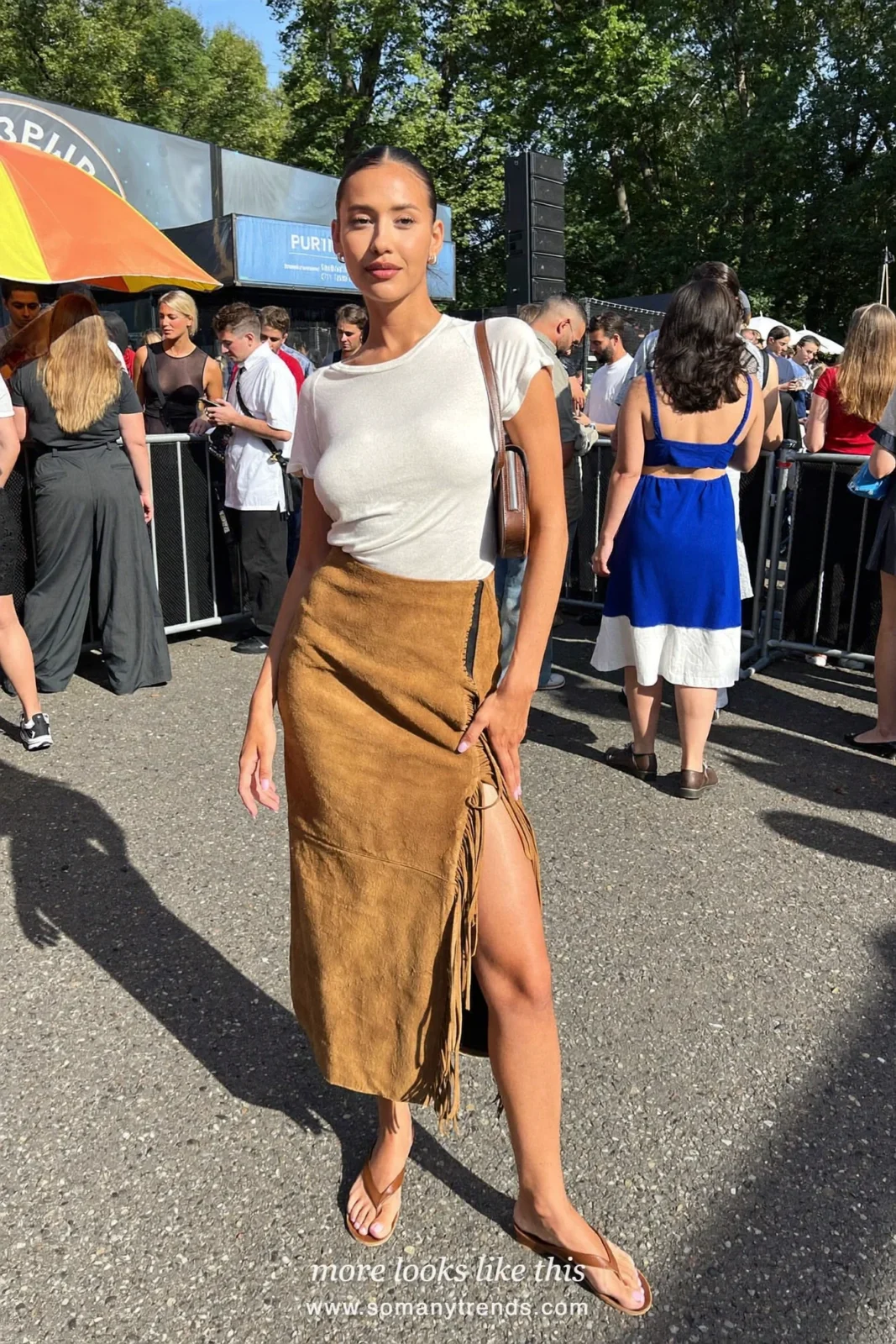 Look 30: white tee, tan suede fringe midi skirt and brown flat sandals