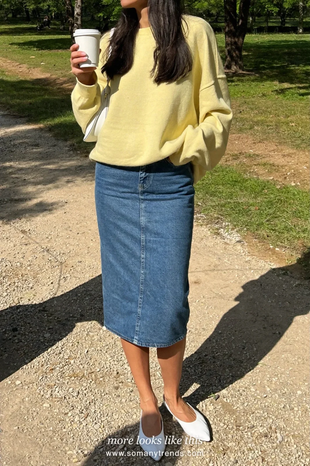 Denim midi pencil skirt with oversized butter yellow knit and white pointed flats, outfit 7