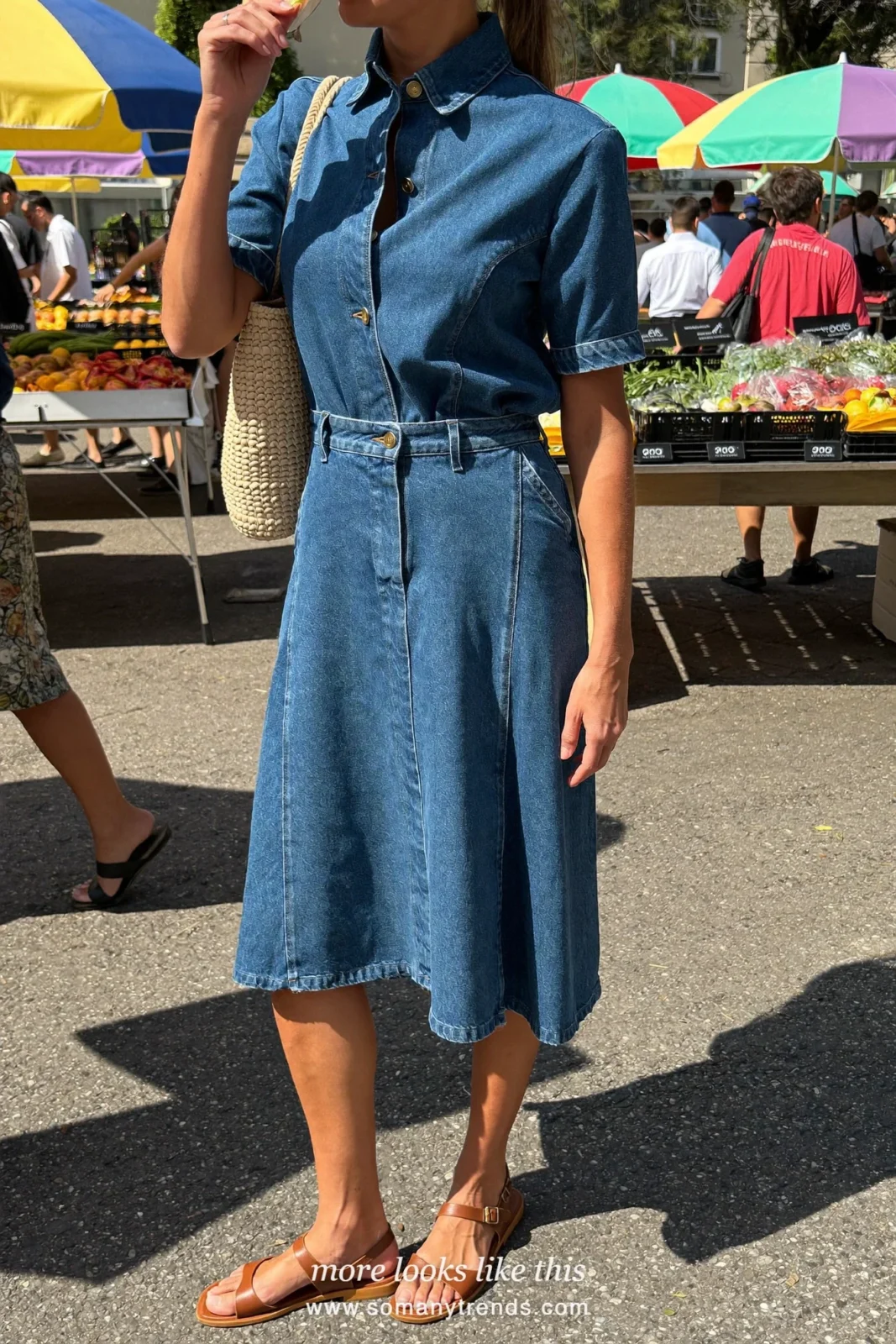 Look 18: mid-wash denim button-front dress with tan flat sandals