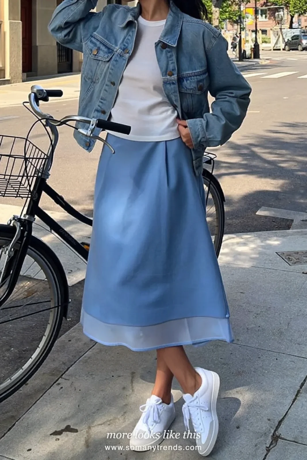 Pale blue double-layered skirt with white tee, boxy denim jacket and white sneakers, outfit 14
