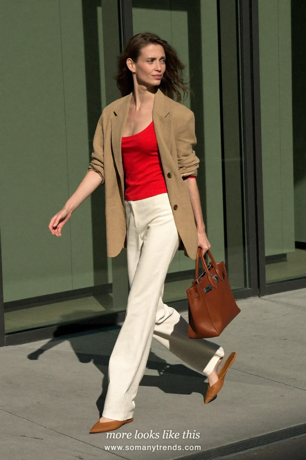 Look 27: tan relaxed linen blazer, red tank, ivory wide-leg pants and tan pointed flats