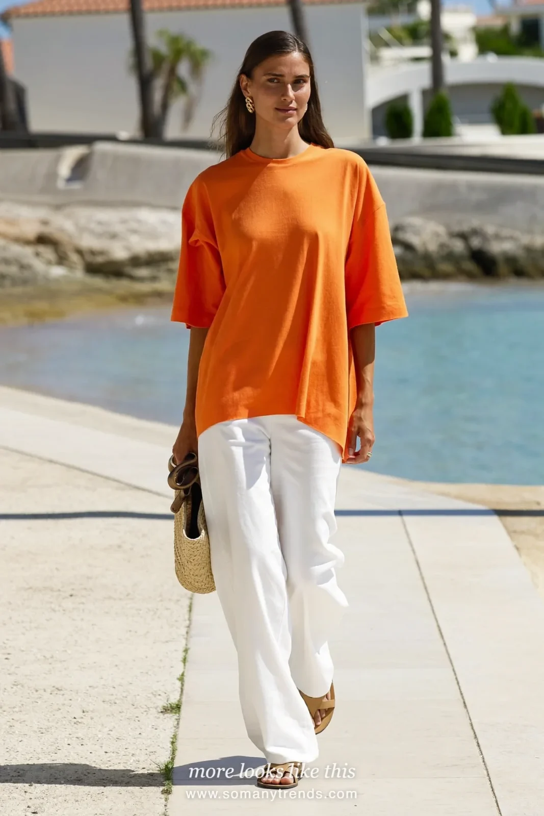 Look 31: blood orange cotton top, white wide-leg pants and tan flat sandals