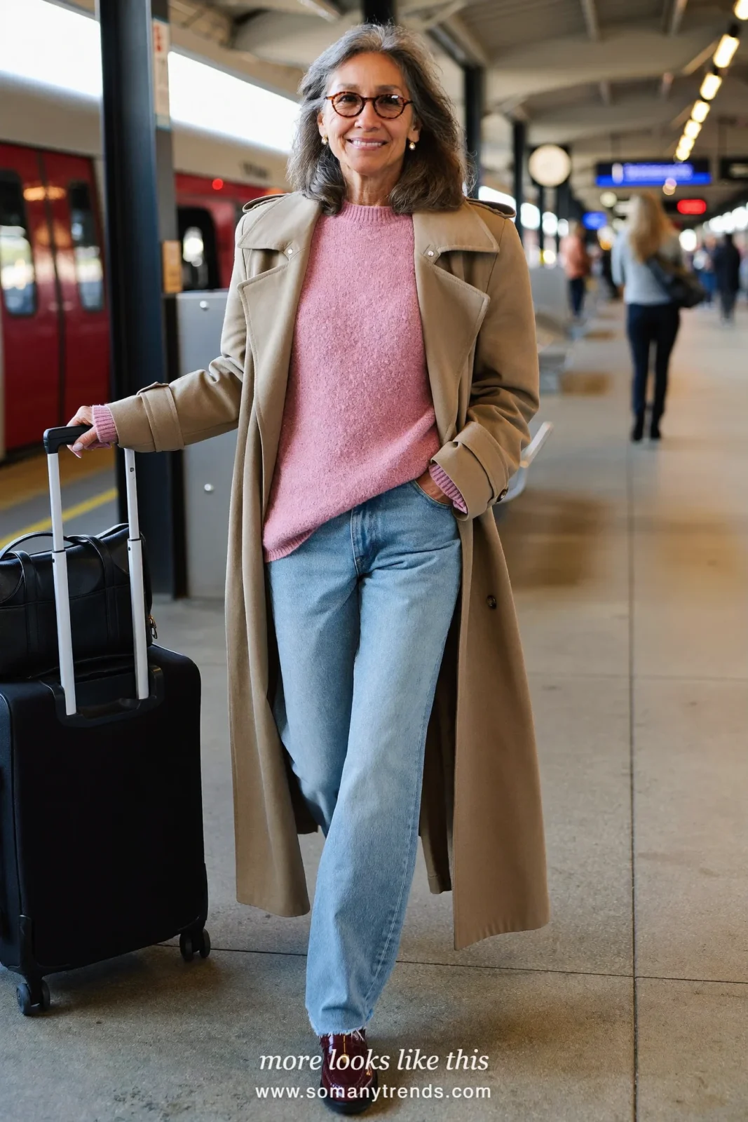 Woman over 50 in a long camel trench coat, dusty pink knit, straight jeans and burgundy loafers, outfit 19