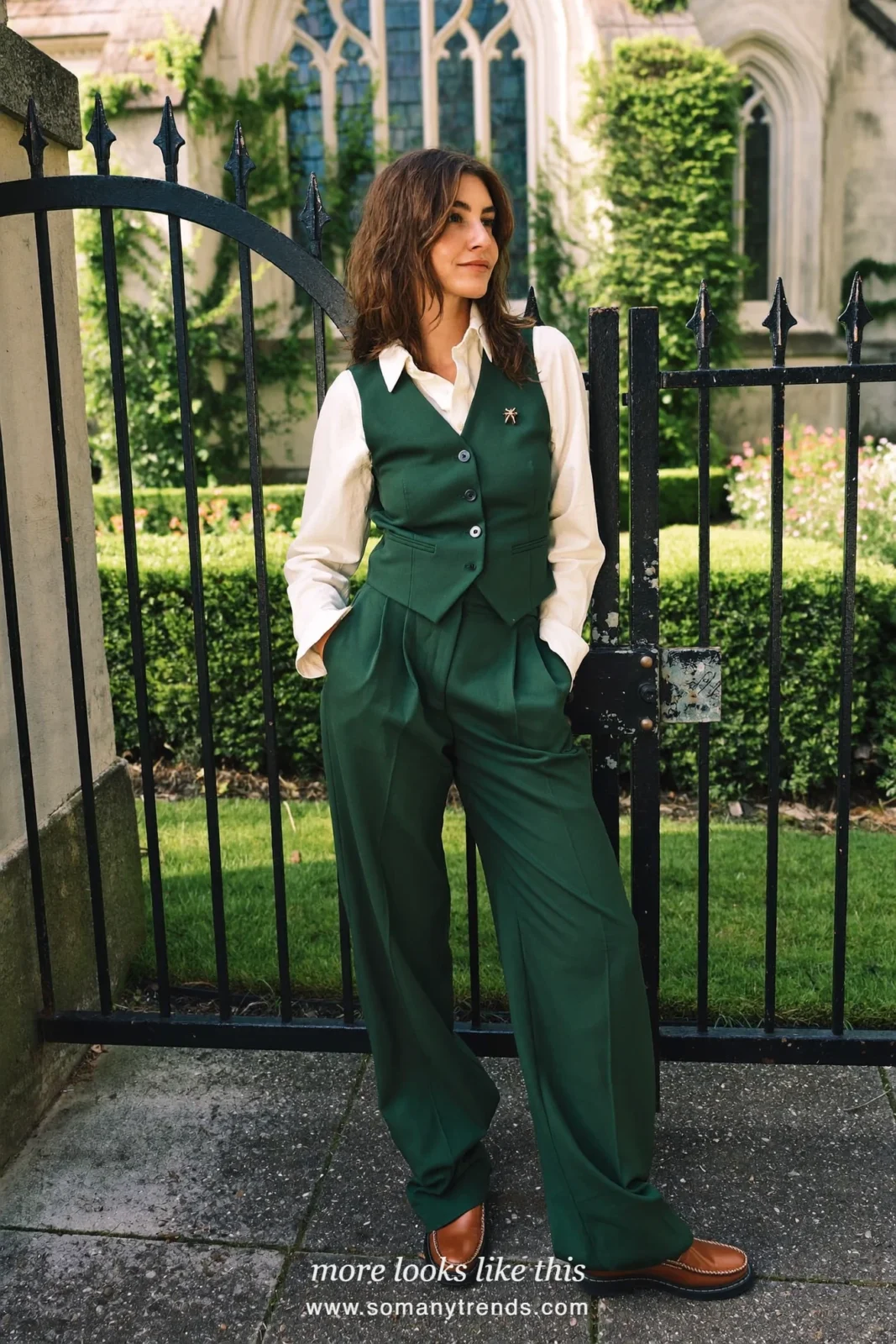 Woman in a forest green tailored vest, matching wide pants, ivory shirt and tan loafers, Easter outfit 19