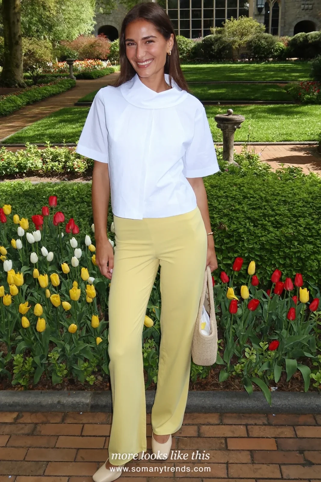 Woman in a white round-collar blouse, butter yellow wide-leg pants and low block heels, Easter church outfit 5