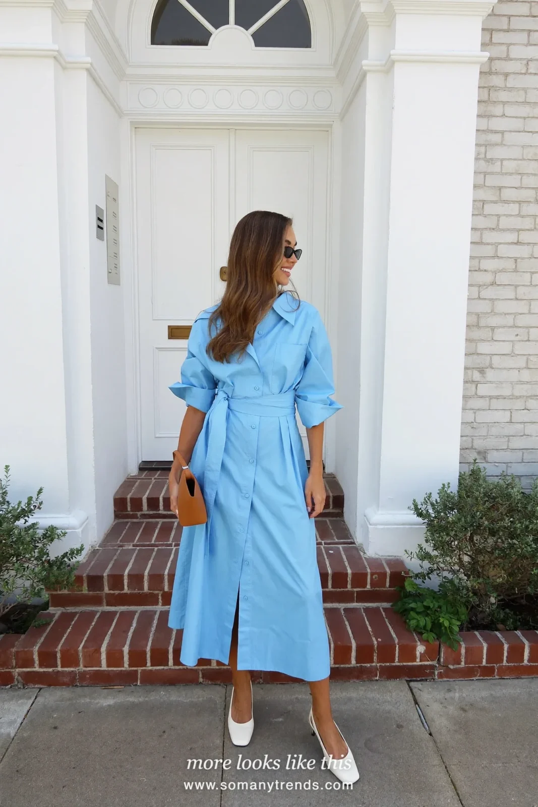 Woman in a sky blue cotton shirt dress with a belt, mid-calf length, and cream slingback pumps, Easter church outfit 6