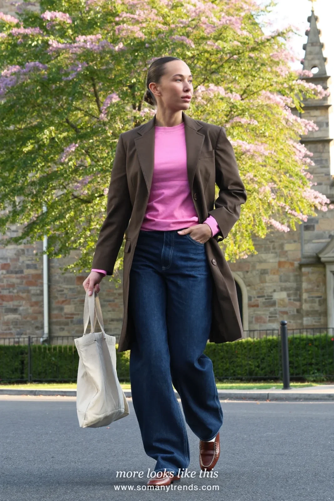 Woman in a long mocha blazer, a candy pink tee, dark straight jeans and loafers, Easter church outfit 7