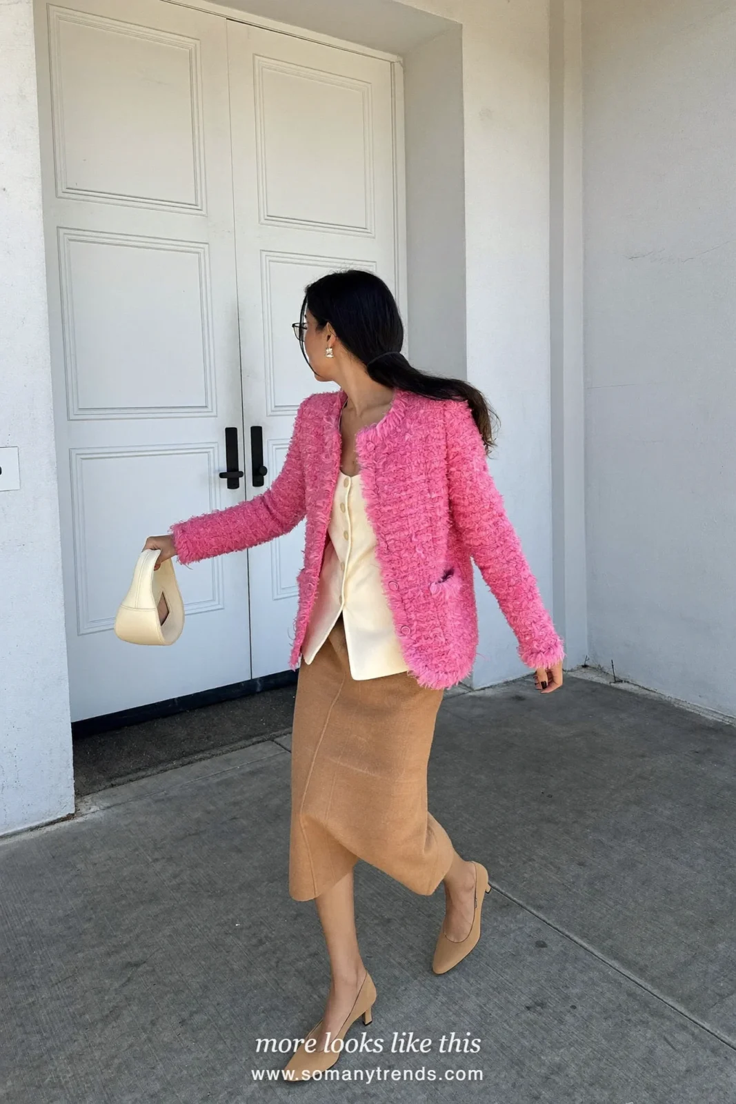 Woman in a boxy candy pink tweed jacket, a cream shell top, a mocha midi skirt and low pumps, Easter church outfit 9