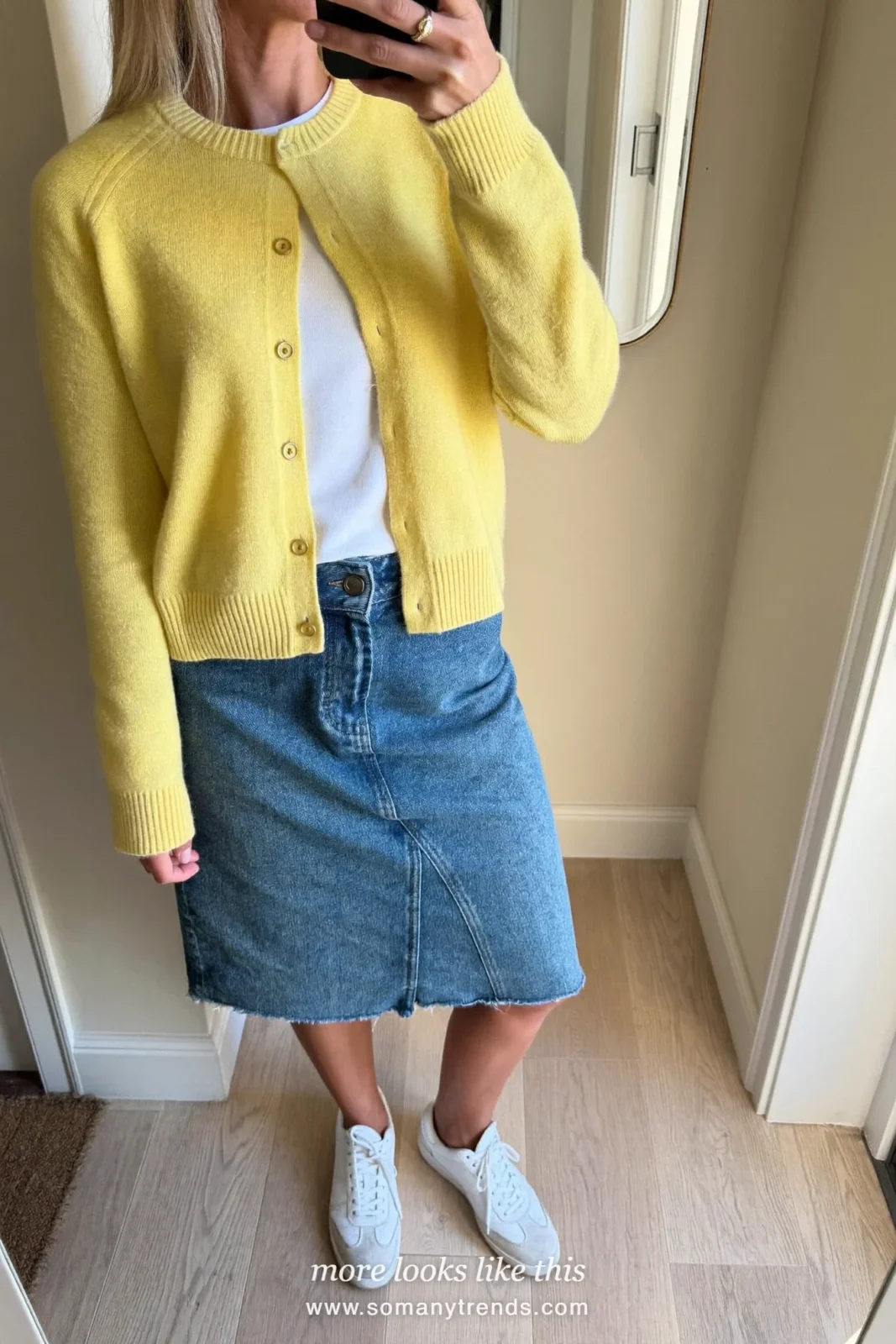 Woman in a butter yellow cardigan, a white tee, a knee-length denim skirt and white leather sneakers, Easter church outfit 16