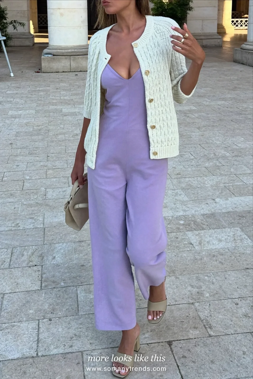 Woman in a soft lilac wide-leg short-sleeve jumpsuit with a cream cardigan and nude block heels, Easter church outfit 17