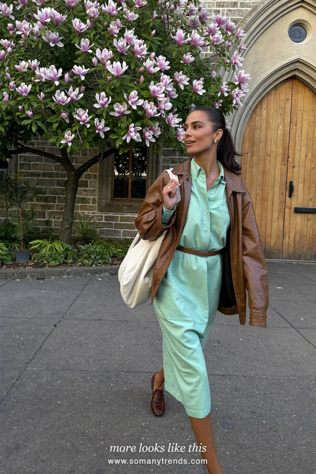 Woman in a mint midi shirt dress, a relaxed mocha jacket and brown loafers, Easter church outfit 21