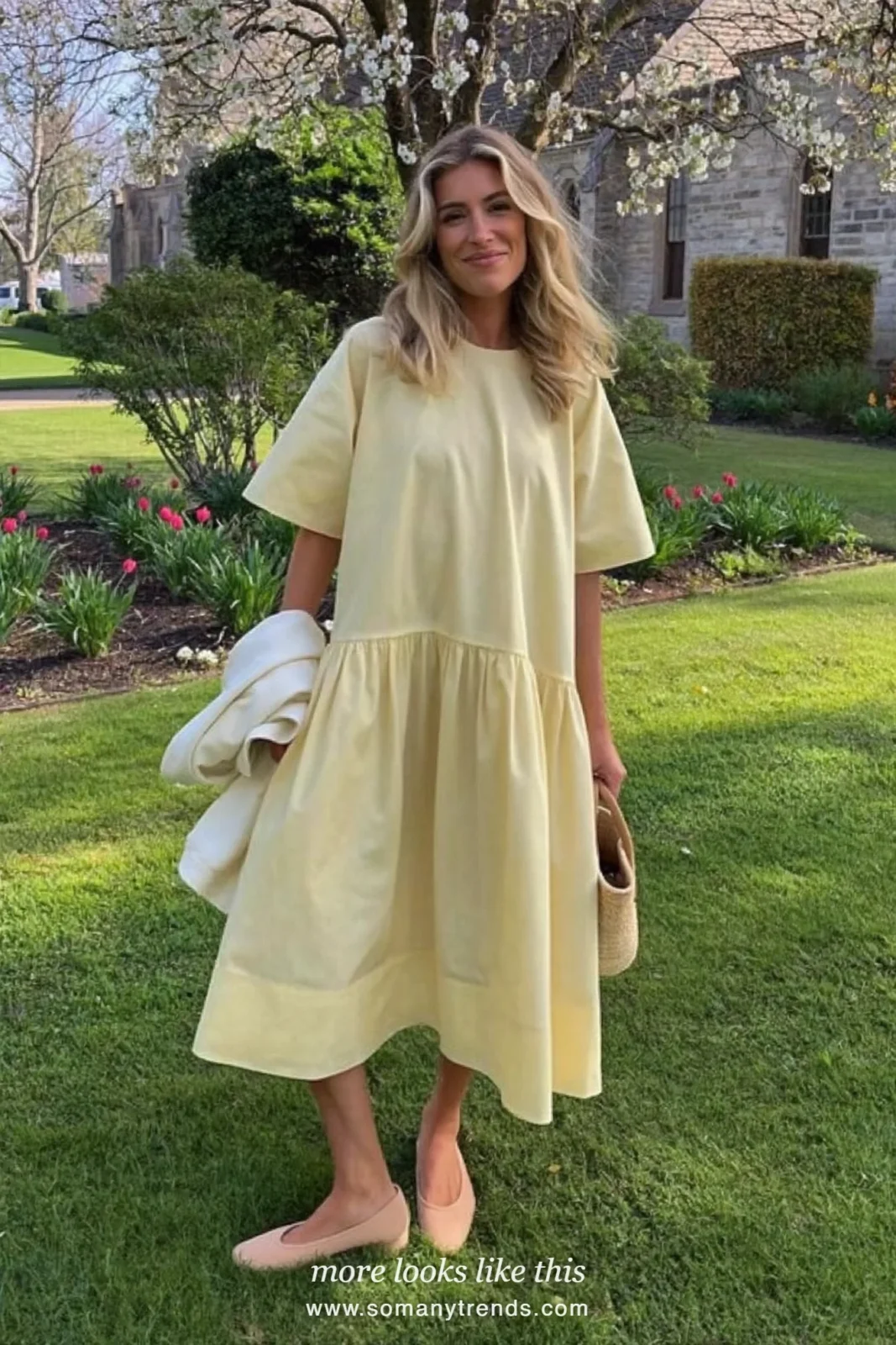Woman in a butter yellow drop-waist short-sleeve dress with a cream cardigan and nude flats, Easter church outfit 22