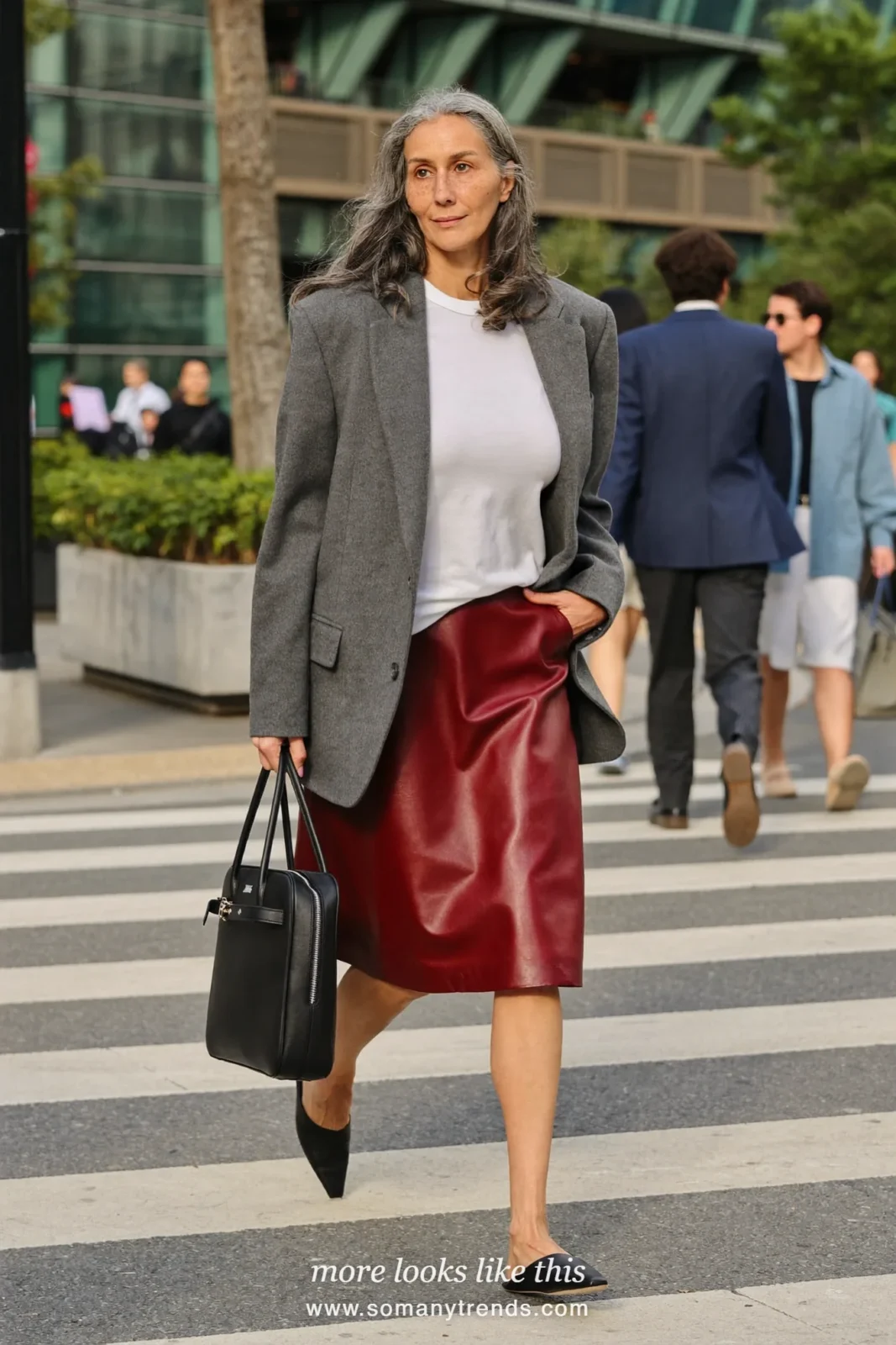 Look 3: deep red faux leather knee-length skirt, white tee, oversized gray blazer and black pointed flats