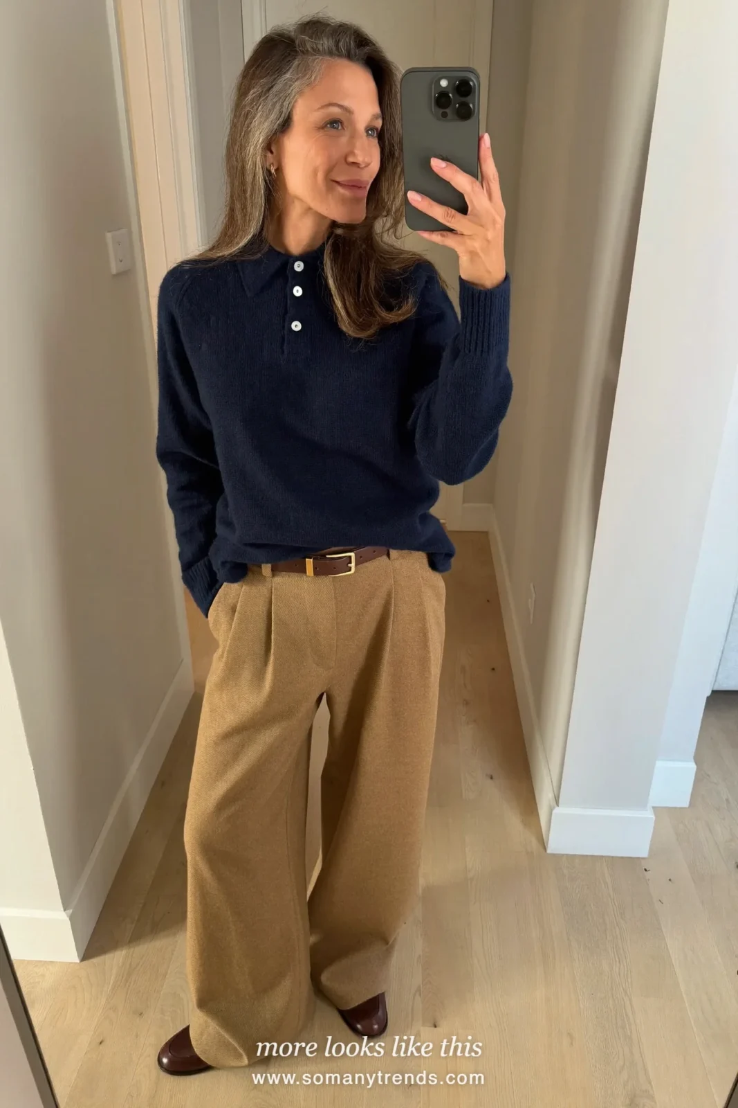 Look 4: navy fine-knit polo sweater, camel wide-leg pants, brown leather belt and brown loafers