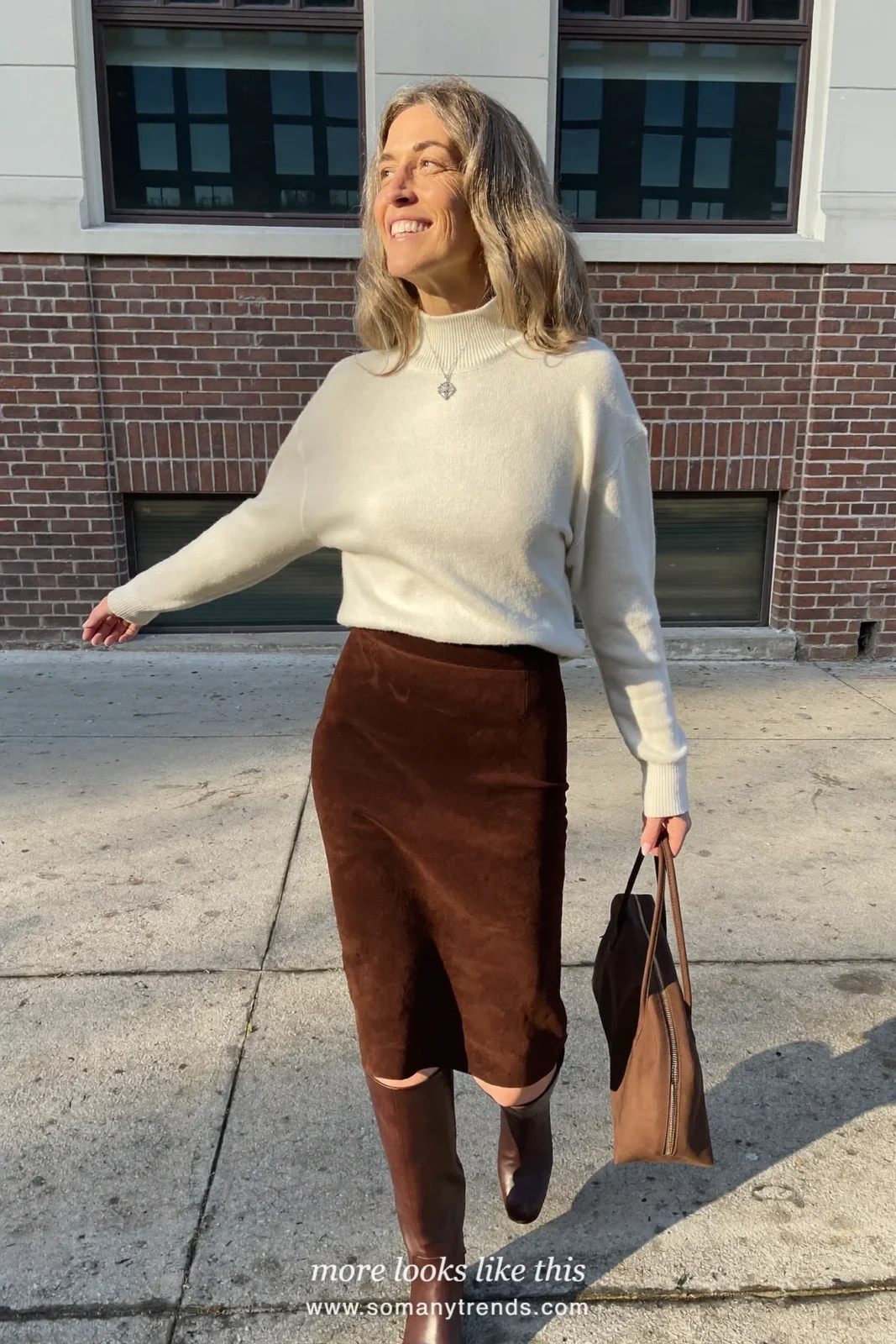 Look 6: chocolate brown faux suede midi pencil skirt, cream fine-knit turtleneck and brown knee-high boots