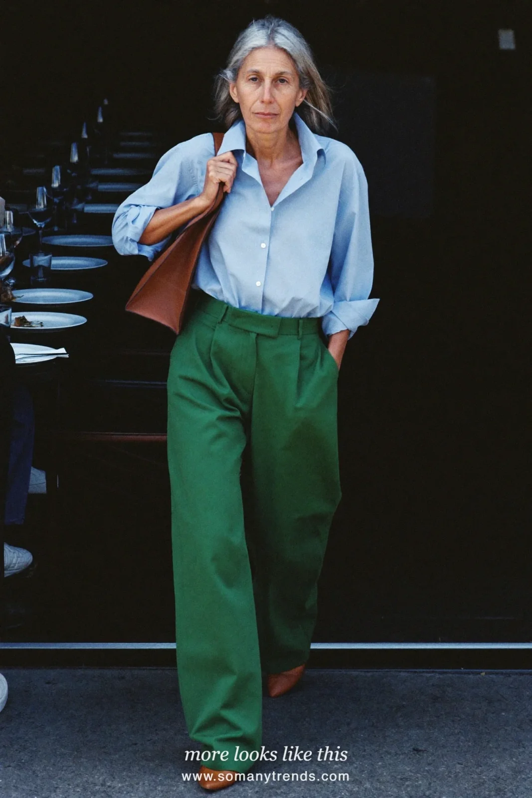 Look 7: pale blue poplin shirt with popped collar, pine green wide-leg pants, thin brown belt and nude pointed flats