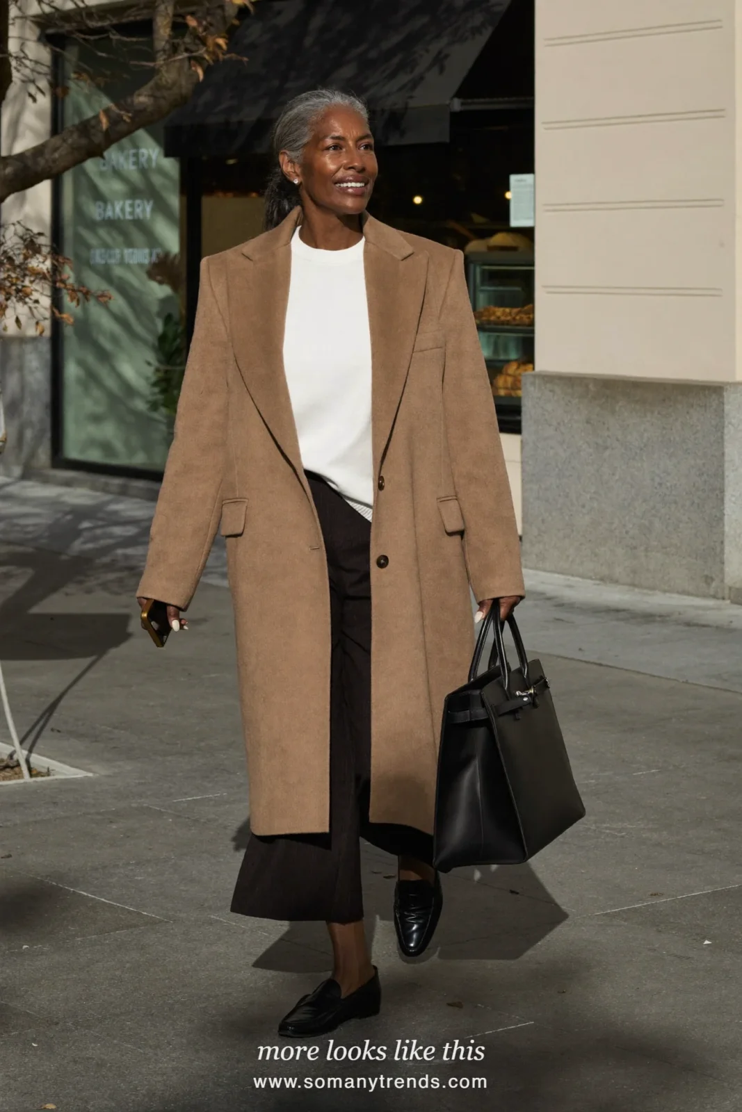Look 9: oatmeal car coat, charcoal cropped trousers, white knit top and black loafers