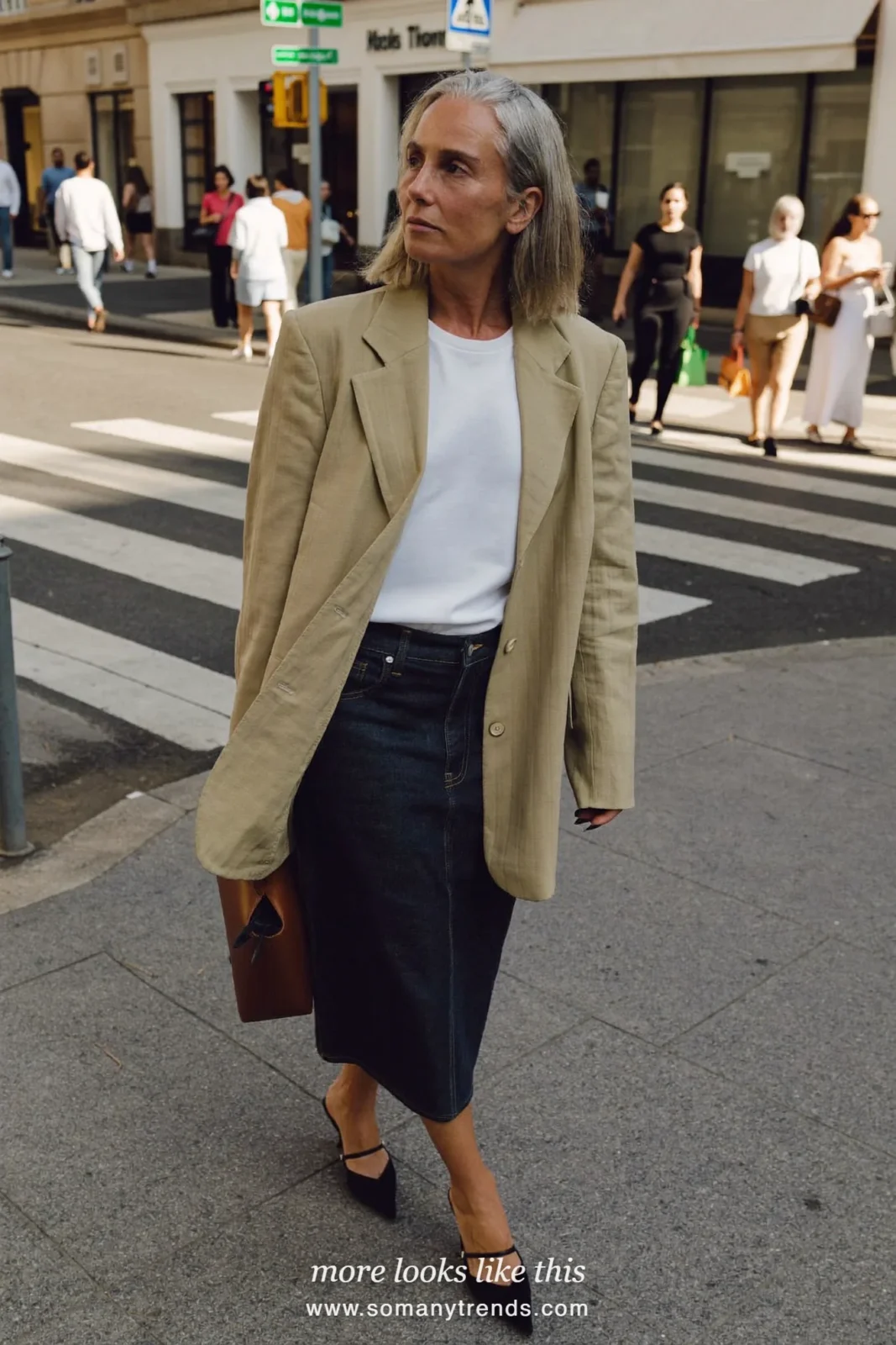 Look 10: dark denim midi pencil skirt, white tee, slouchy oatmeal blazer and black pointed pumps