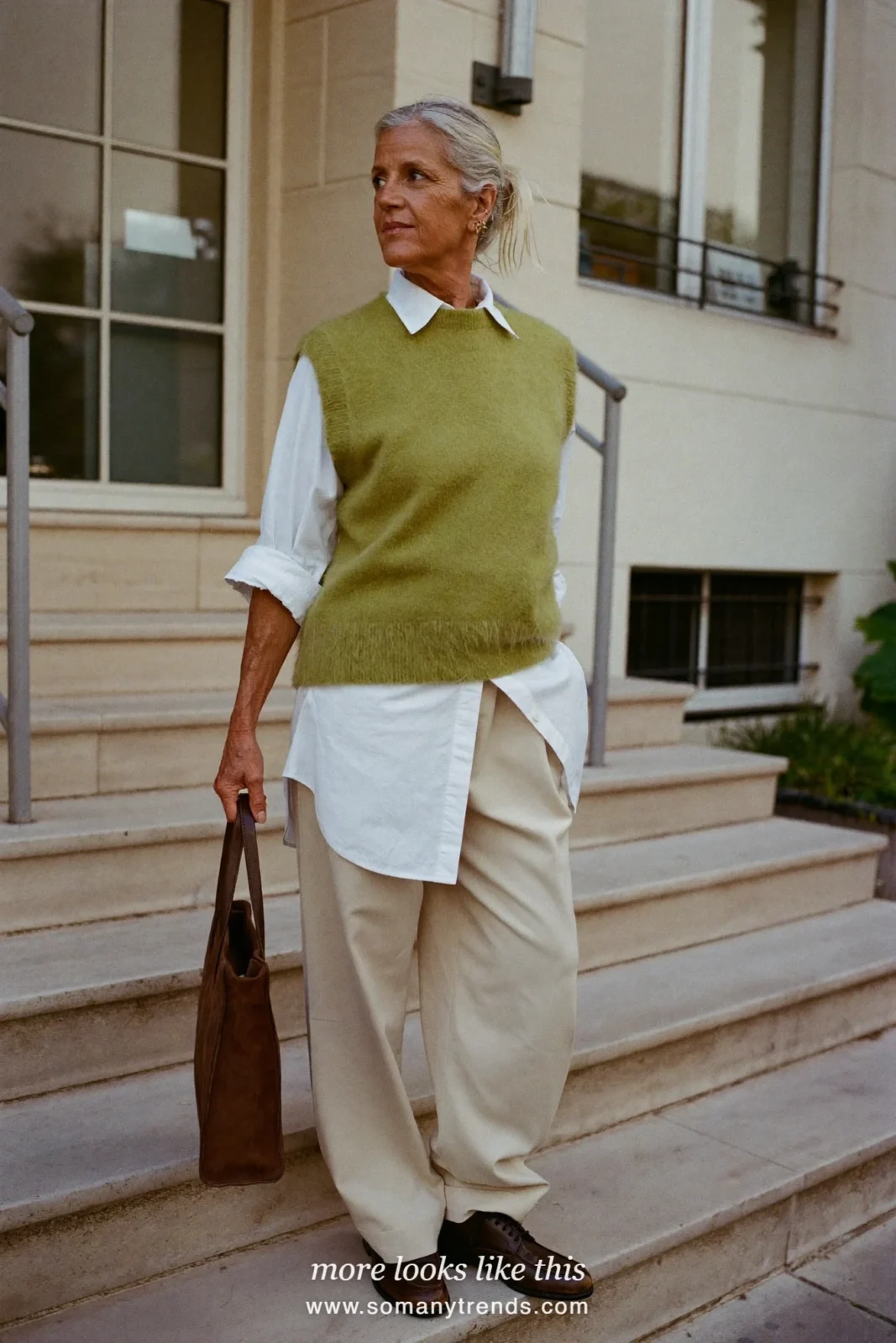 Look 14: pine green fine knit vest, white poplin shirt, oatmeal straight pants and brown derby shoes