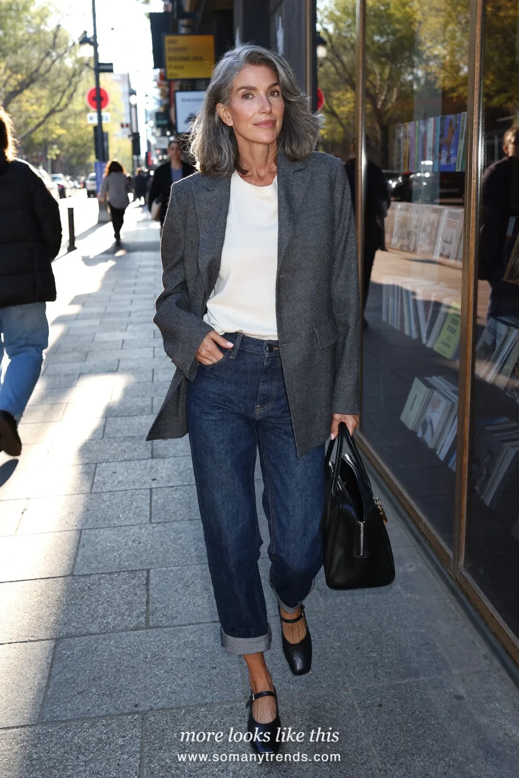 Look 15: oversized gray blazer, ivory tee, dark barrel-leg jeans and black low-heel mary janes