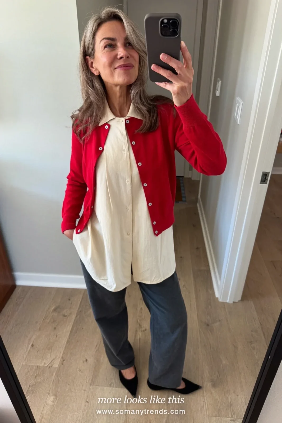 Look 16: brick red button cardigan, cream blouse, charcoal straight pants and black pointed flats