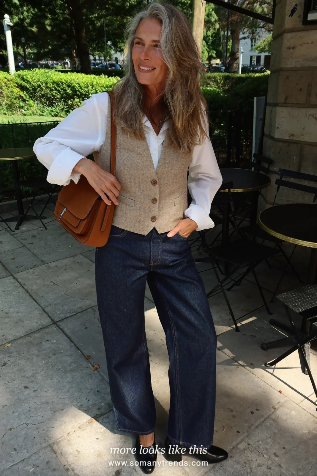 Look 19: oatmeal tweed vest, white poplin shirt, dark wide-leg jeans and black block-heel loafers