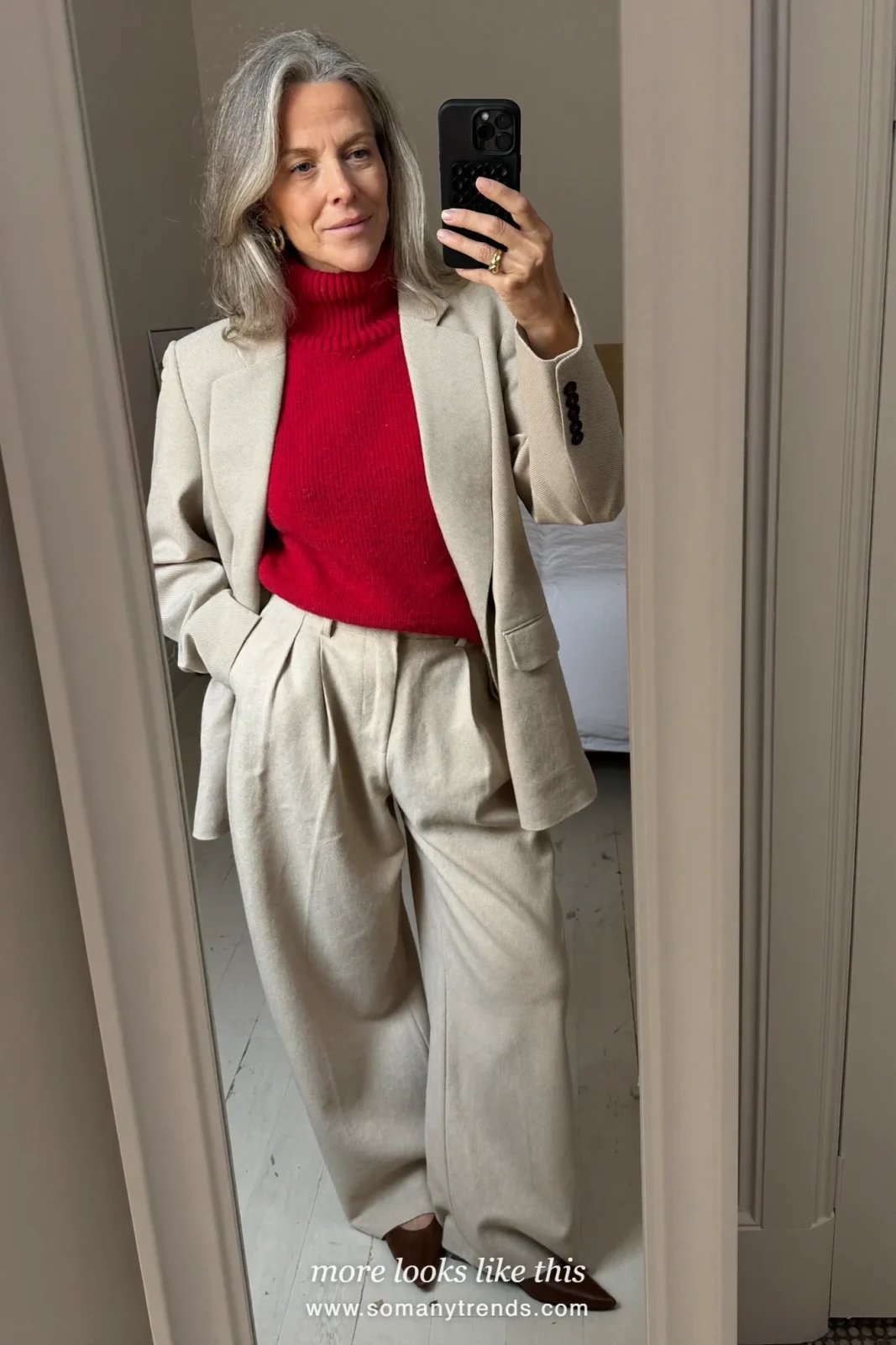 Look 24: oatmeal blazer and wide pants, red knit shell and brown pointed flats