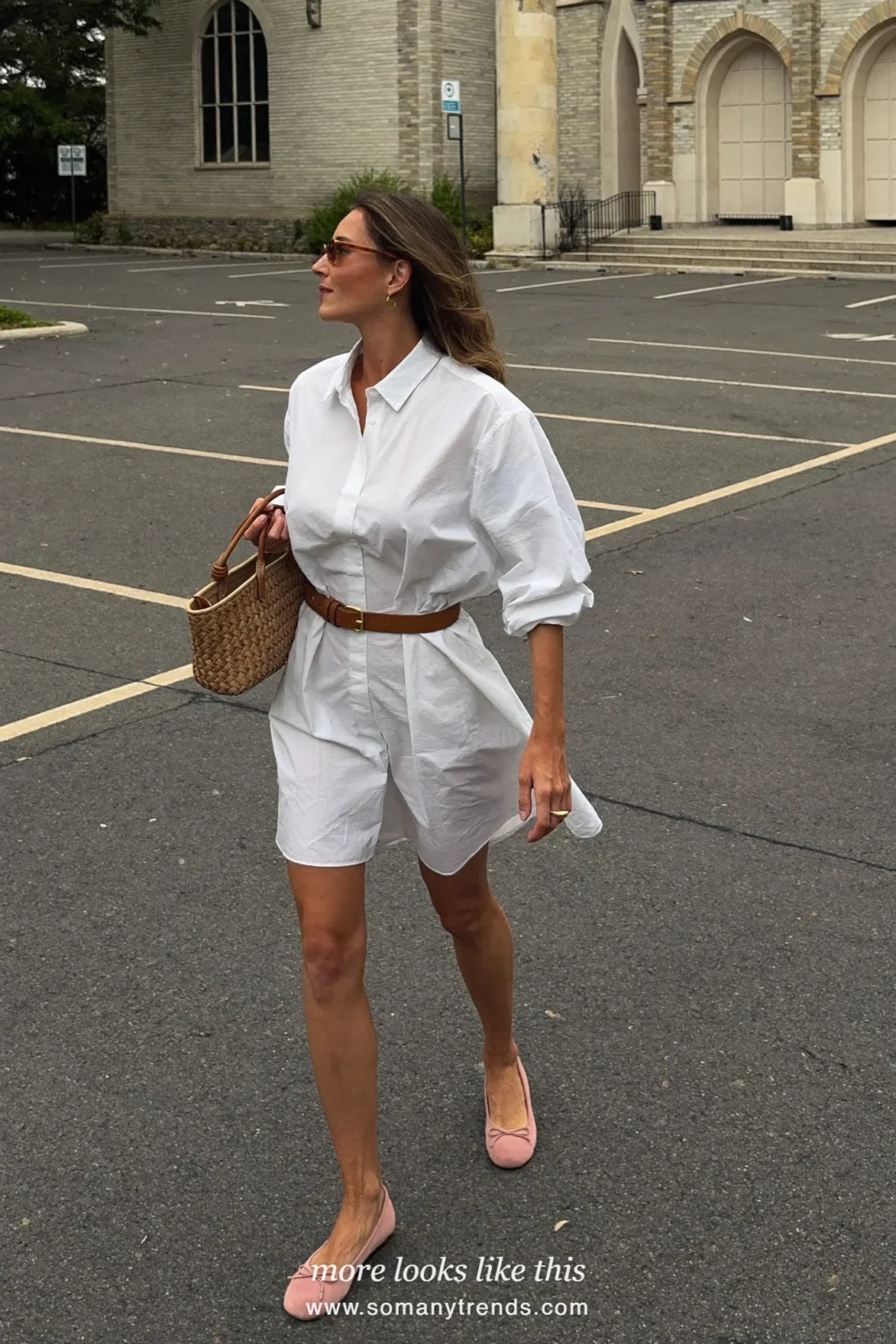 Woman in a white cotton shirt dress with tan belt and soft pink bow flats, Easter outfit 5