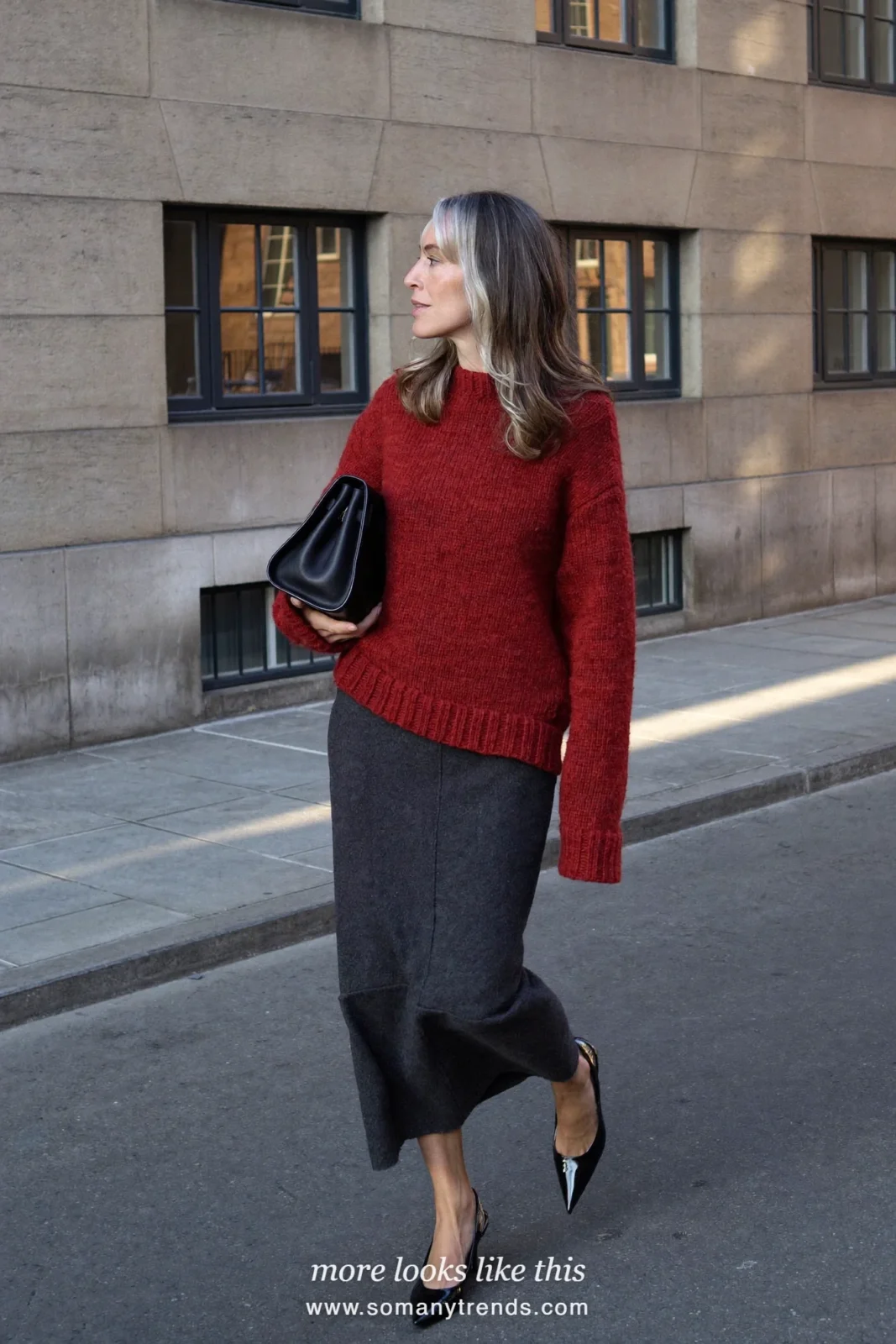 Look 29: charcoal wool midi pencil skirt, brick red oversized sweater and black pointed pumps