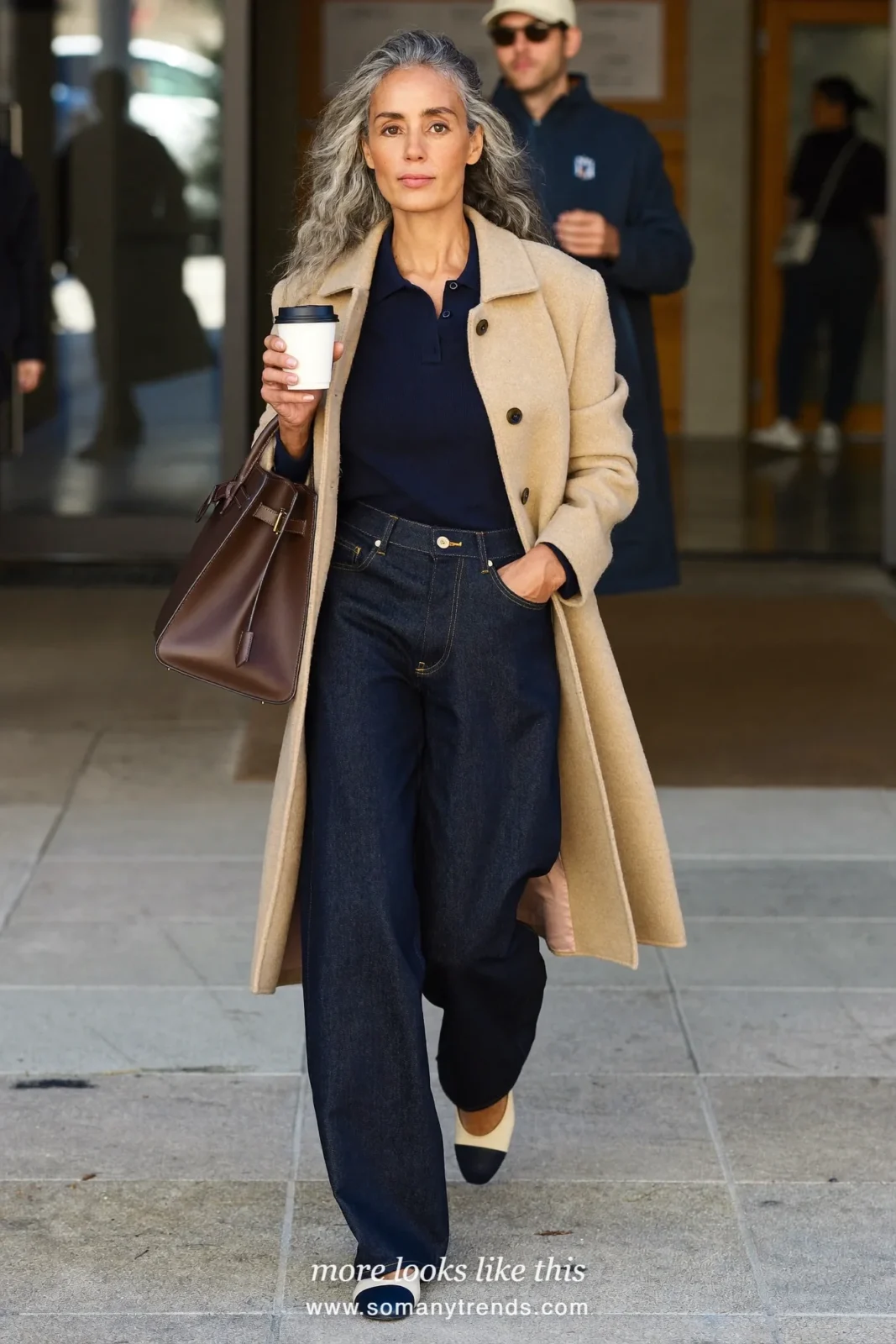 Look 30: oatmeal car coat, navy knit polo, dark straight jeans and cream and navy two-tone flats