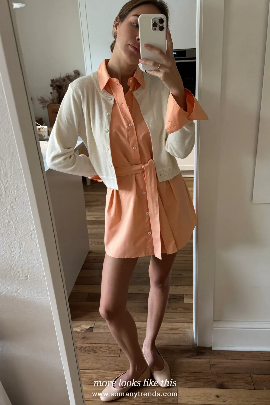 Woman at home in a peach shirt dress, cream cardigan and nude flats, mirror selfie, Easter outfit 28