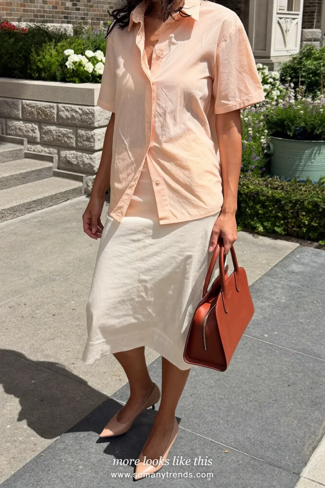 Woman in a peach short-sleeve shirt, a cream mid-calf pencil skirt and pointed low-heel pumps, Easter church outfit 18