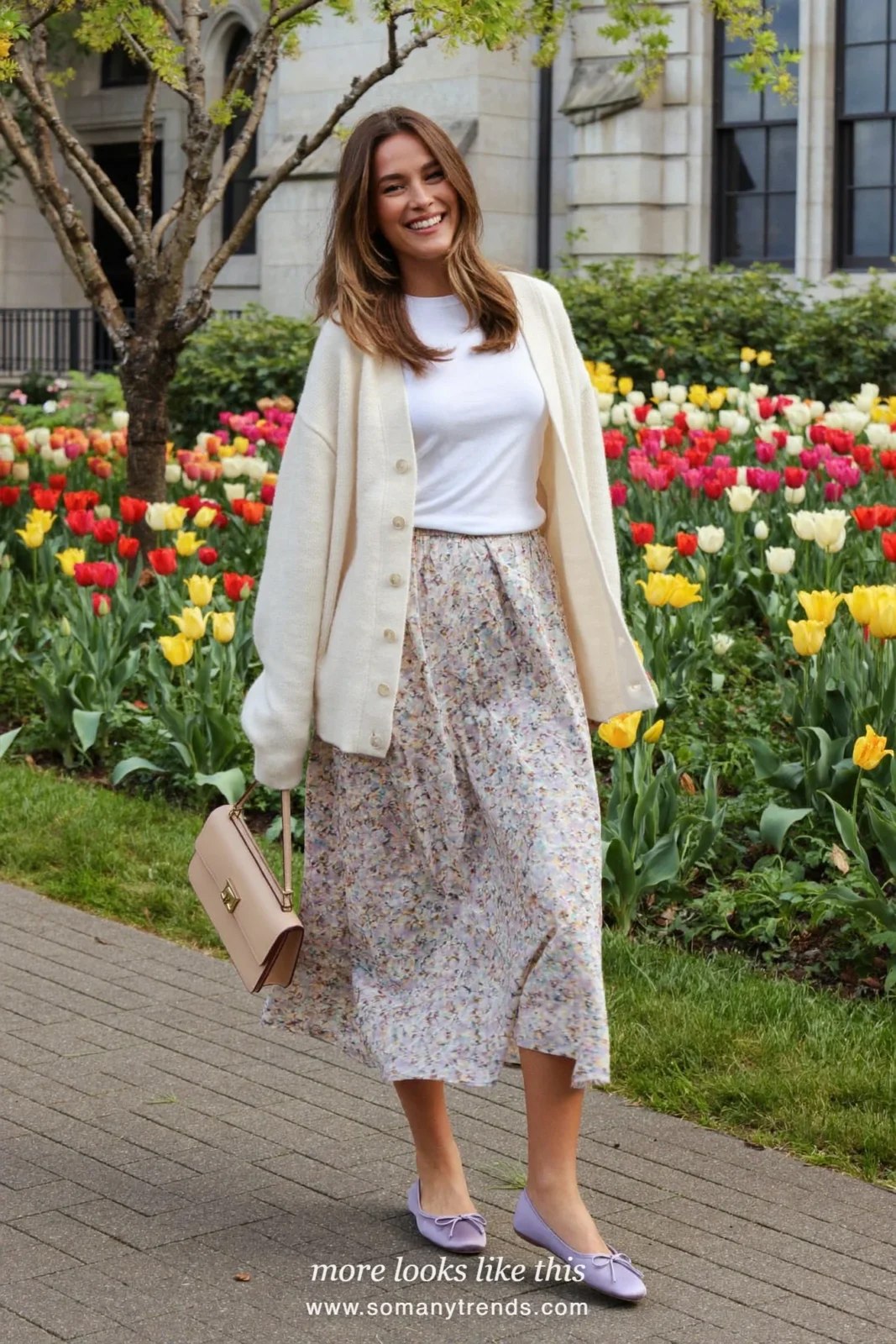 Woman in a white tee, a pale floral midi skirt, a cream cardigan and lilac bow flats, Easter church outfit 25