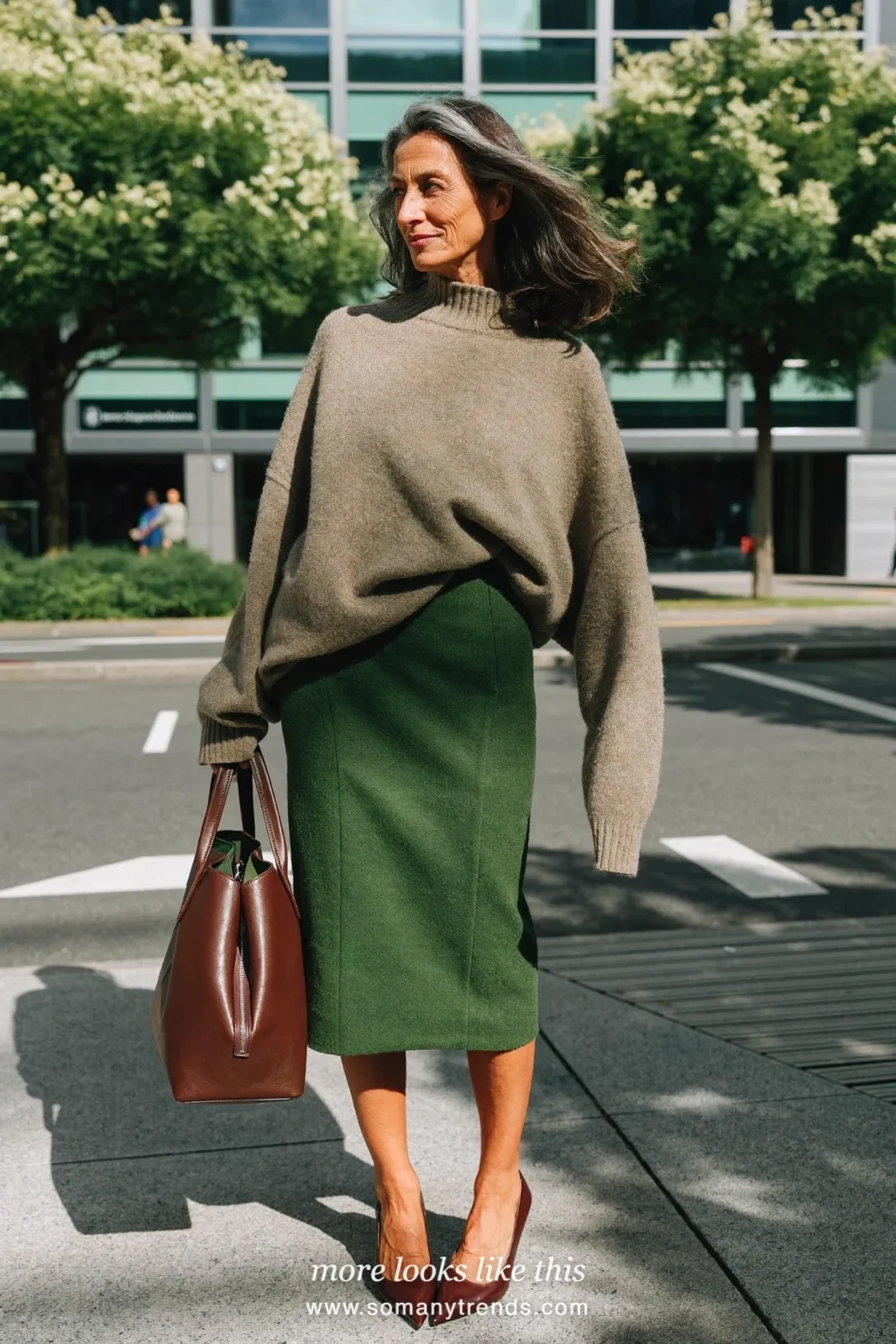 Look 1: pine green wool midi pencil skirt, oversized oatmeal knit sweater and brown pointed pumps