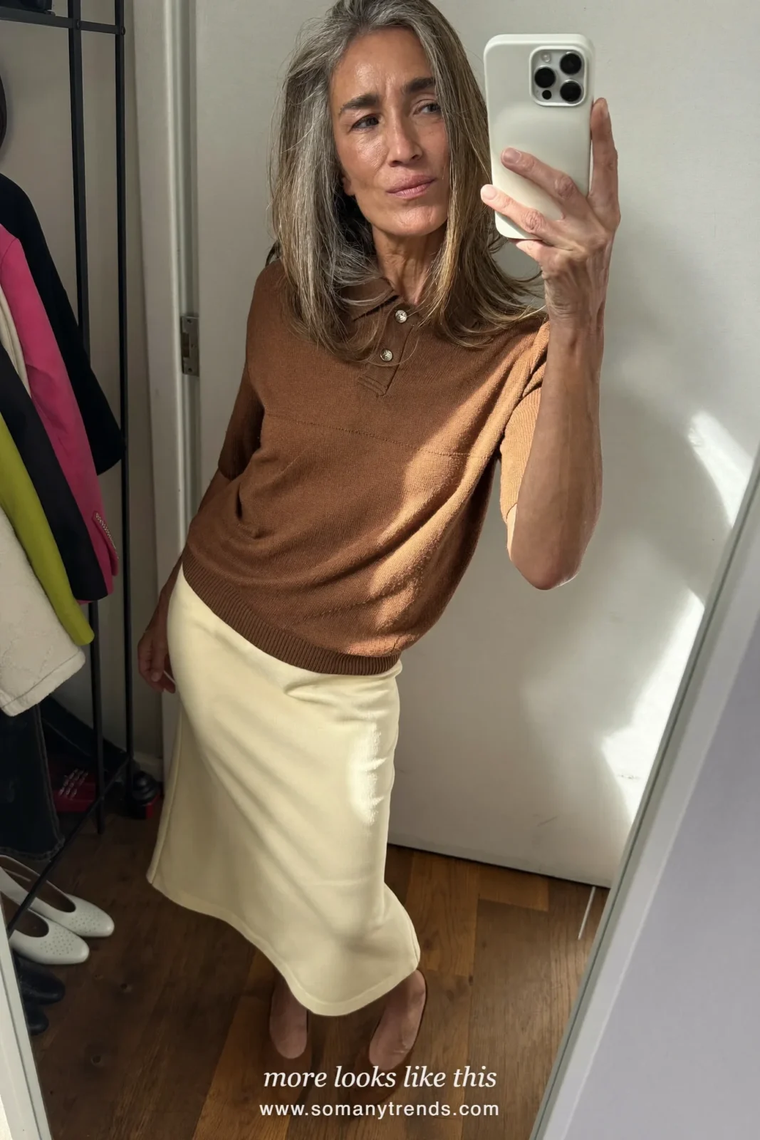 Look 20: chocolate brown knit polo, cream midi pencil skirt and brown pointed flats