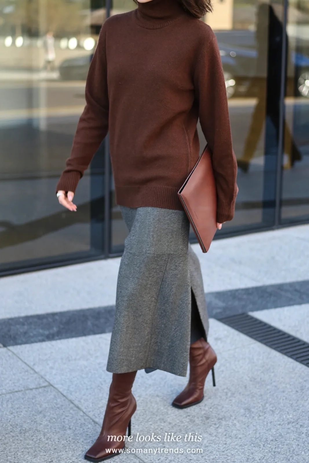 Woman in a chocolate turtleneck, long gray wool skirt and brown square-toe boots, outfit 18