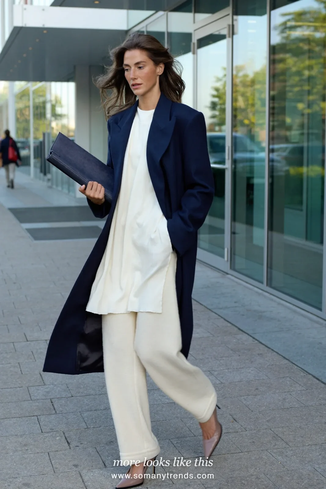 Woman in a soft navy blazer, ivory shell top, ivory wide-leg pants and taupe square-toe pumps, outfit 29