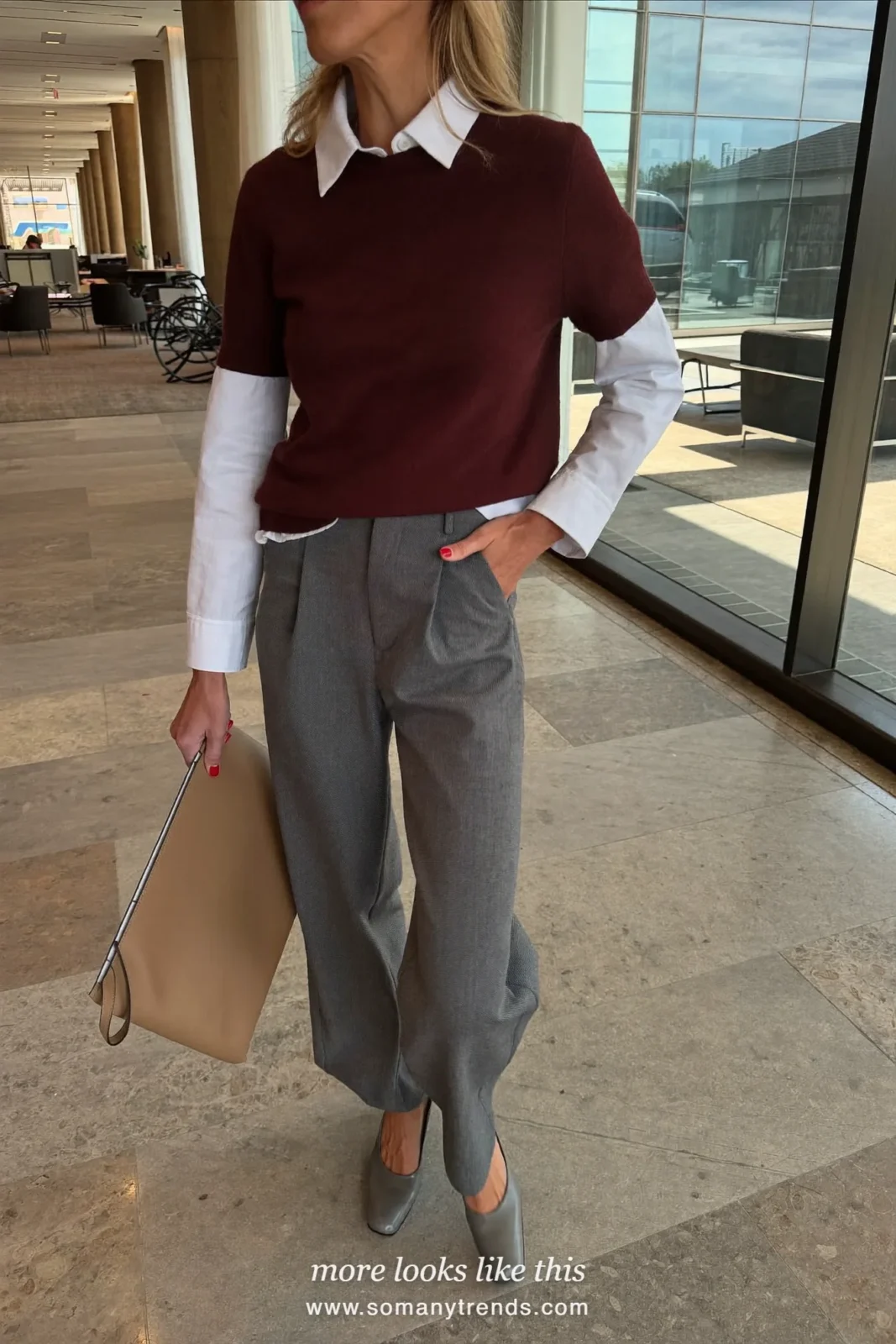 Woman in a burgundy fine knit over a white collared shirt, gray wide-leg pants and gray square-toe pumps, outfit 31