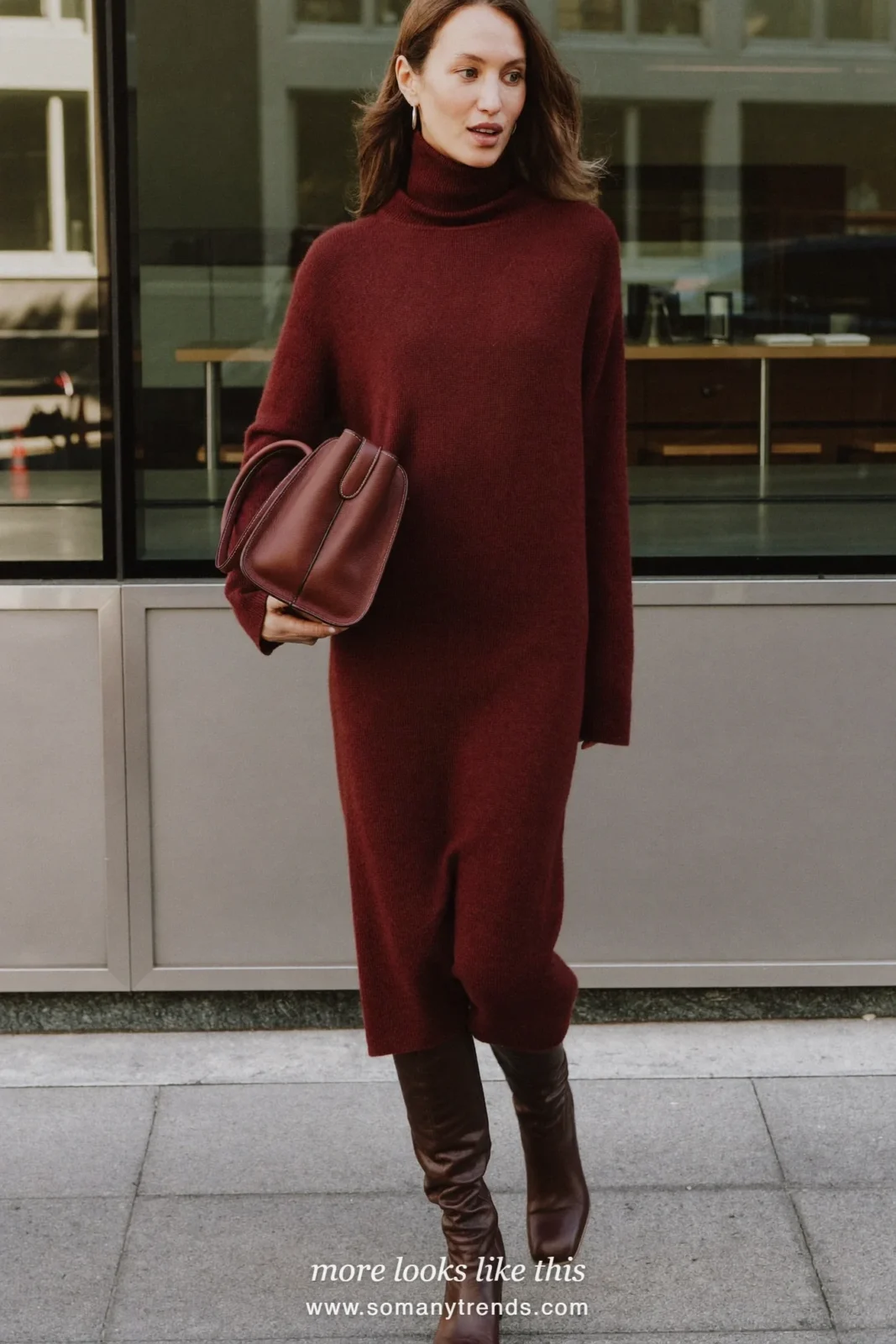 Woman in a loose burgundy fine knit midi dress and chocolate brown tall boots, first day at work outfit 21
