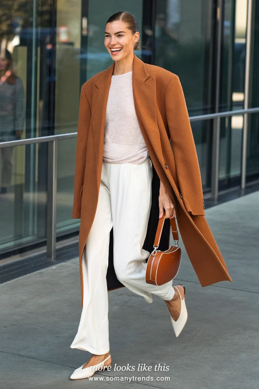Look 1: espresso long blazer over a pale pink tee with white wide-leg pants and white leather slides