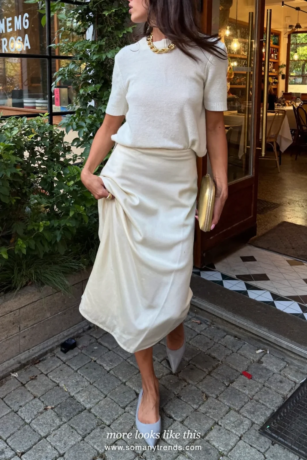 Look 2: white fine knit with ivory drop-waist midi skirt, pointed flats and a chunky necklace