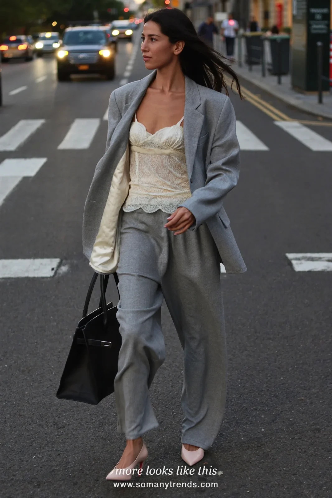 Look 3: soft gray blazer over a lined ivory lace camisole with wide-leg gray pants and pointed pumps