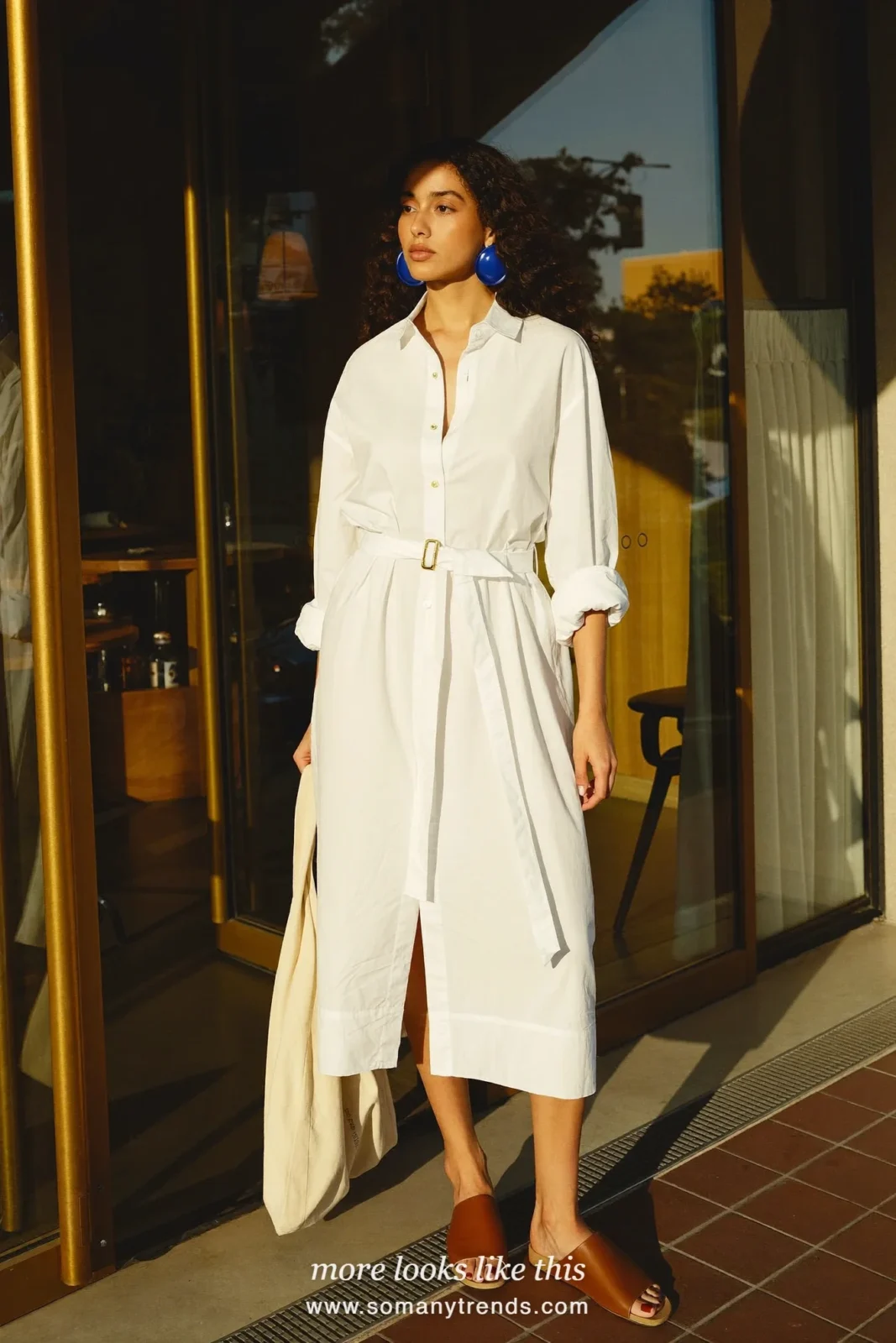Look 6: white poplin shirt dress with cobalt earrings and espresso leather slides