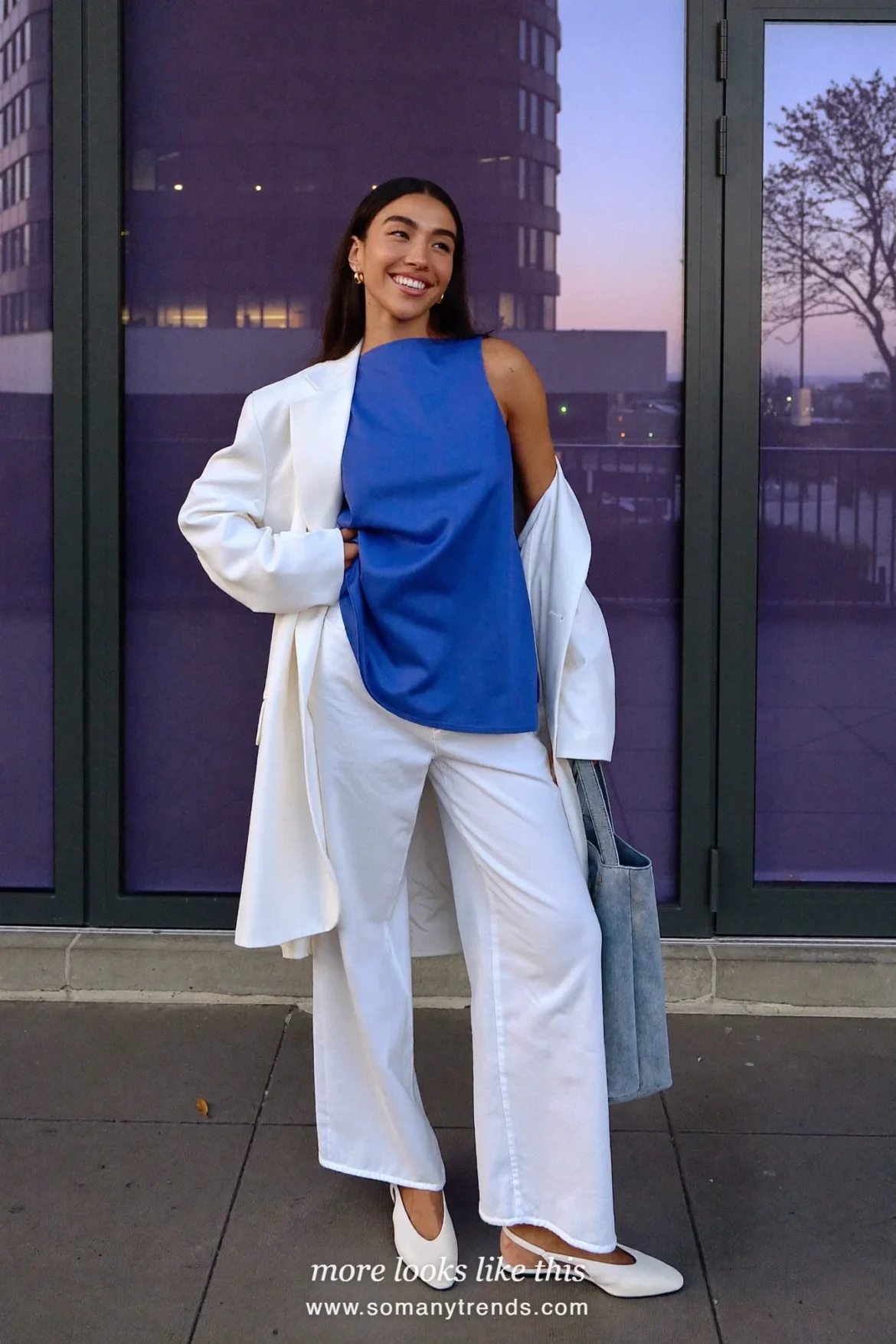 Look 10: cobalt shell top with white blazer, white wide-leg pants and gold hoops