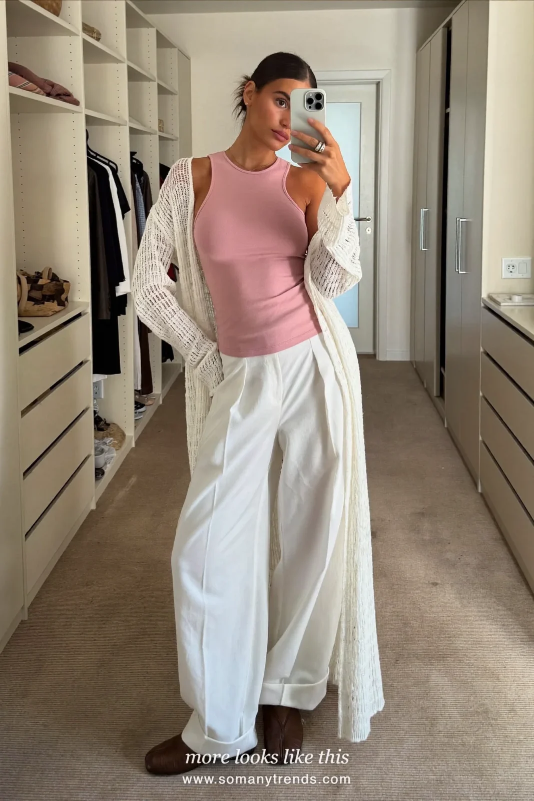 Look 16: pale pink tank with ivory long cardigan, white wide-leg pants, mirror selfie at home in the closet