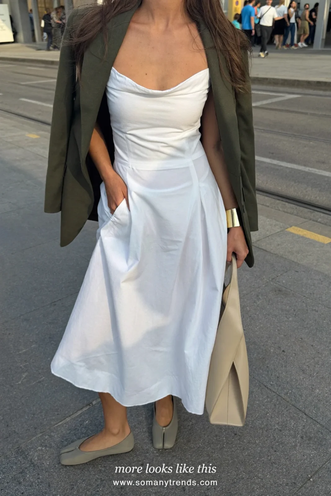Look 17: white trapeze midi dress with olive blazer, statement cuff and flats