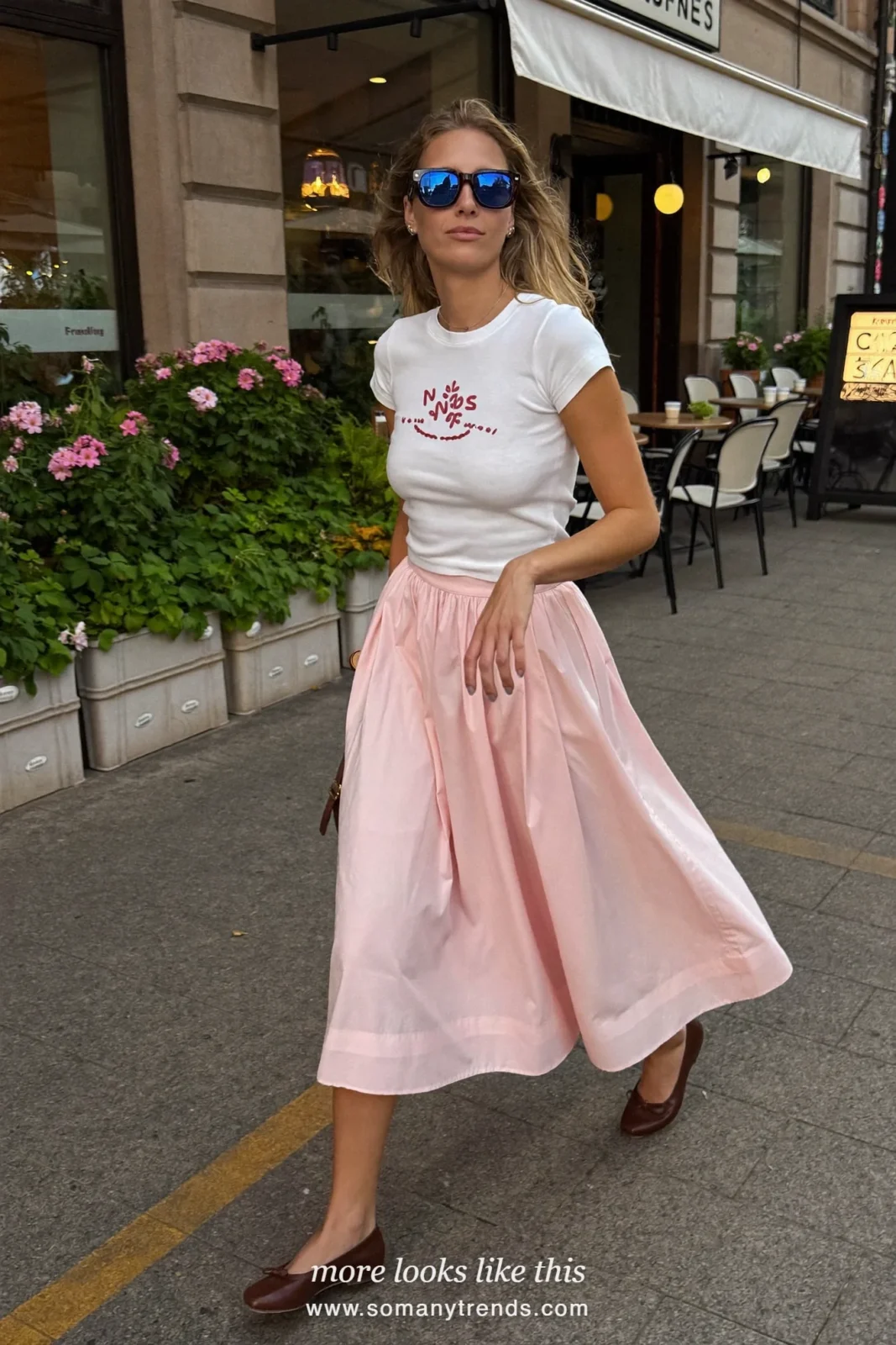 Look 18: pale pink poplin A-line midi skirt with white tee, sunglasses and espresso flats