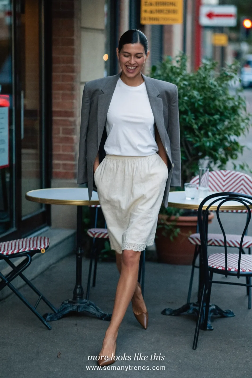 Look 22: ivory lace-hem slip skirt with white tee and gray blazer